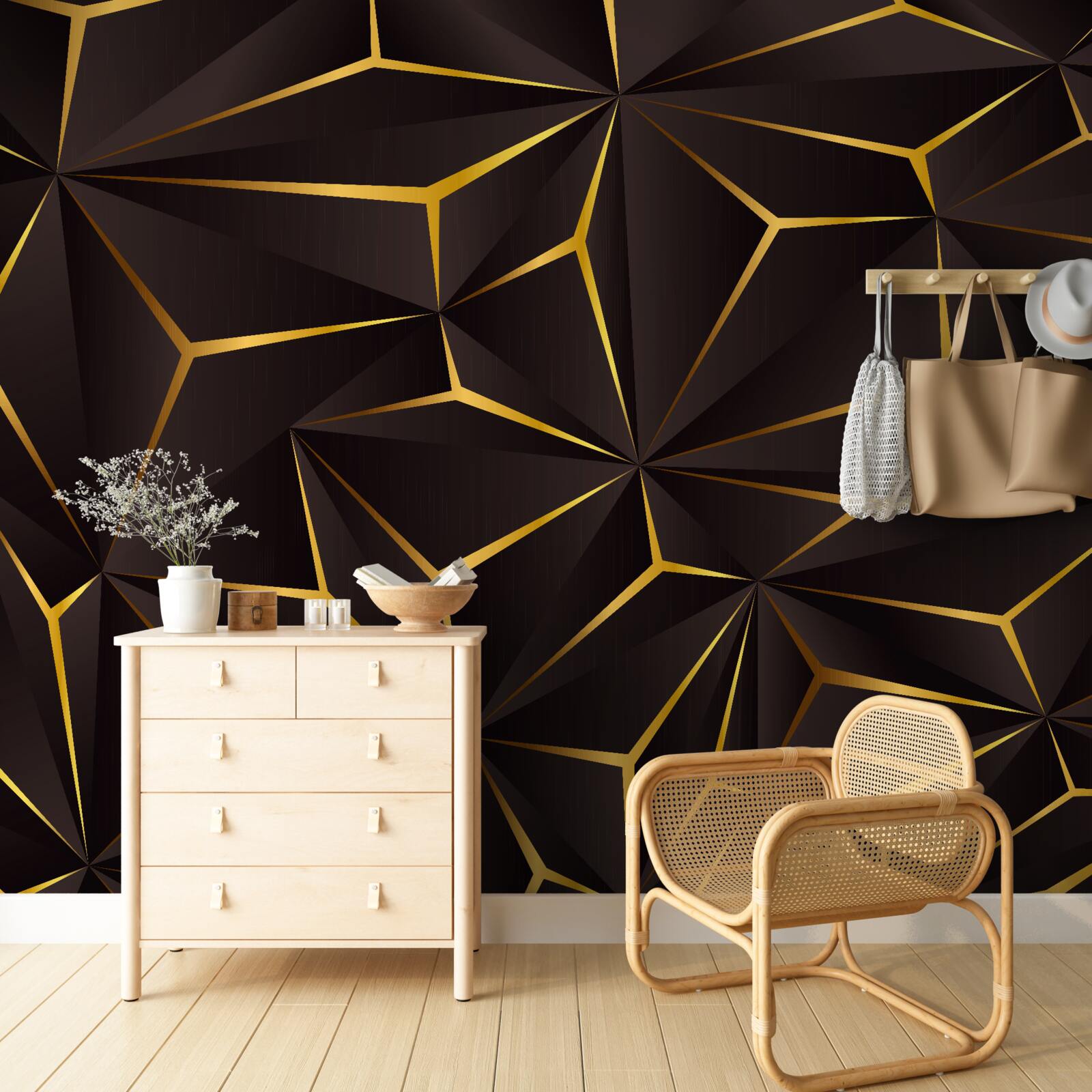 Fotobehang volumetrische abstractie zwart en goud