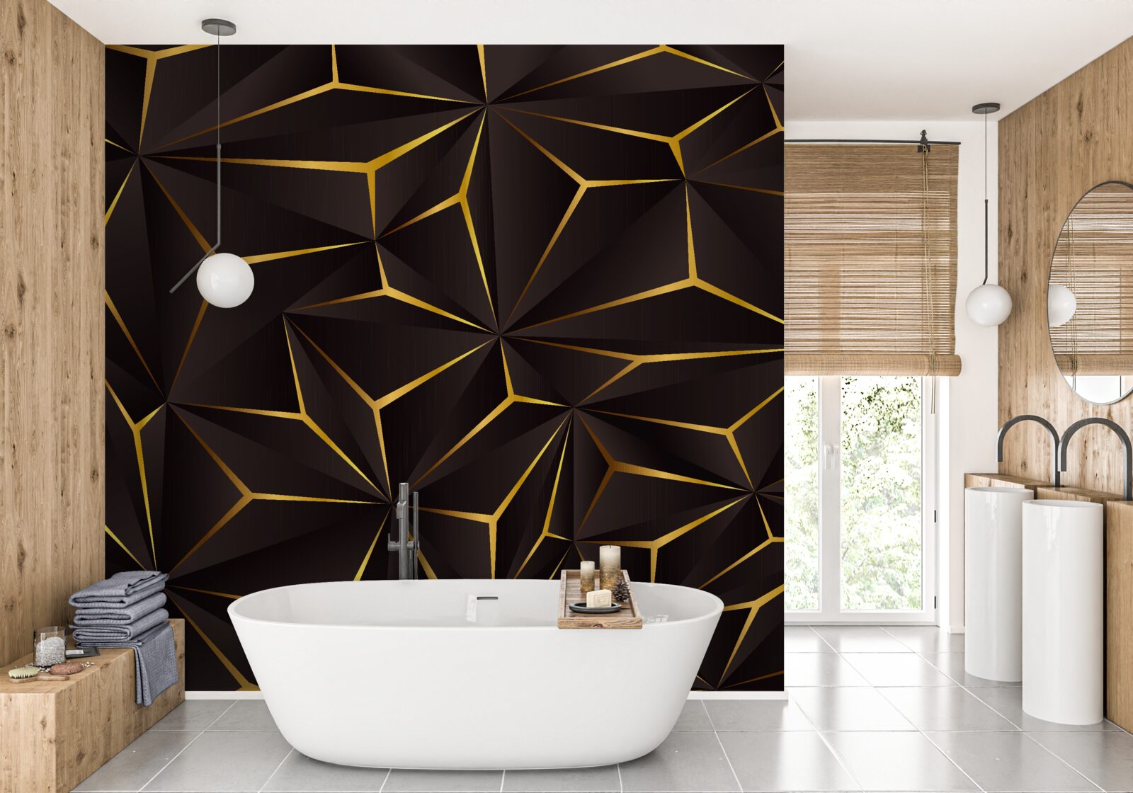 Fotobehang volumetrische abstractie zwart en goud