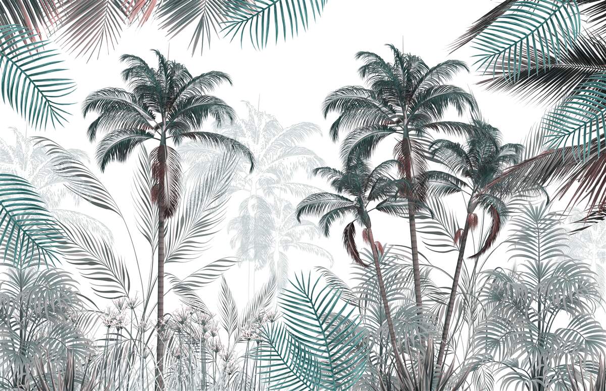Fotobehang tropische bossen, palmen en varens