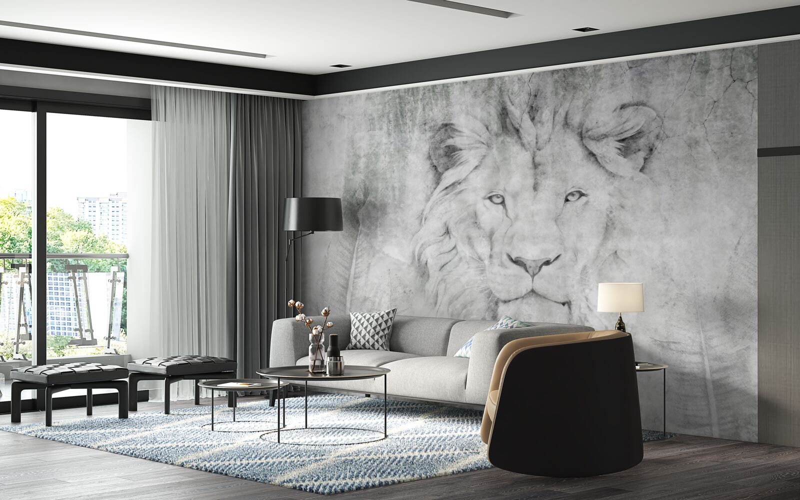 Fotobehang visie van een leeuw in een tropisch gebied