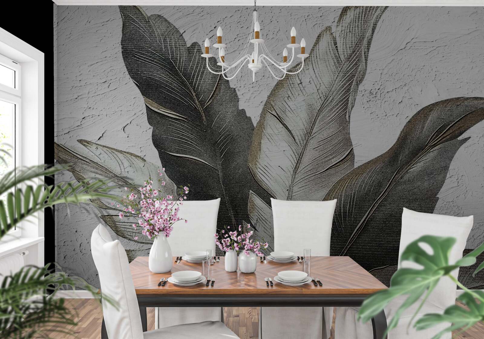 Fotobehang de grote bladeren zijn groen en wit