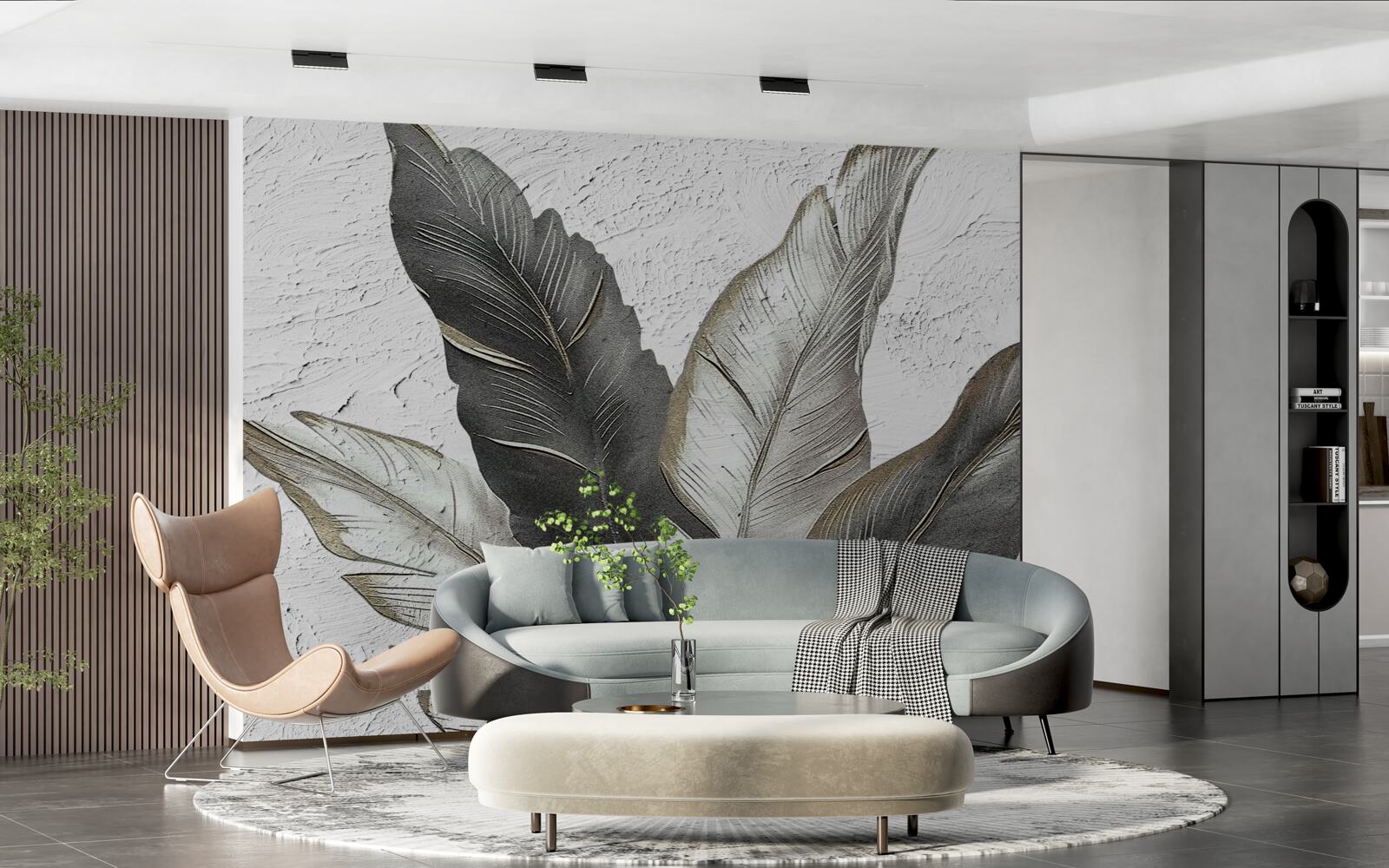 Fotobehang de grote bladeren zijn groen en wit