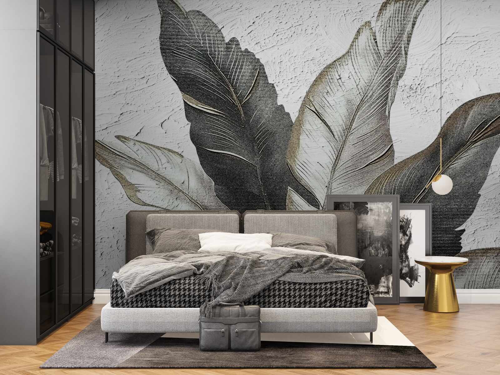 Fotobehang de grote bladeren zijn groen en wit