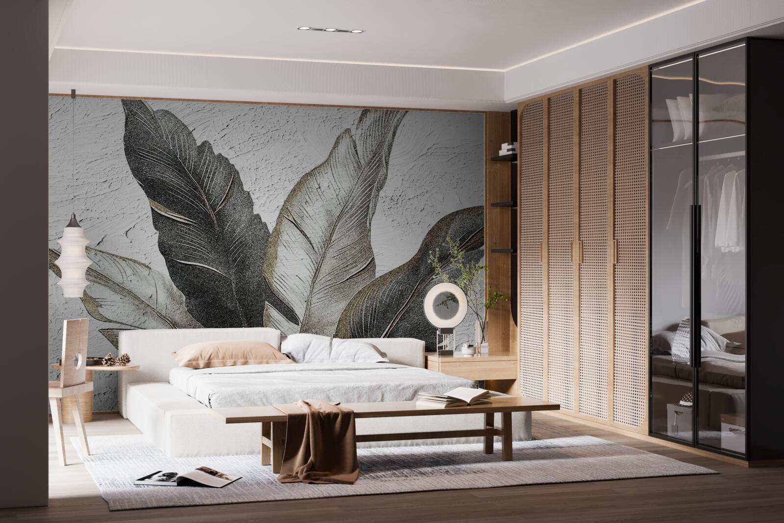 Fotobehang de grote bladeren zijn groen en wit