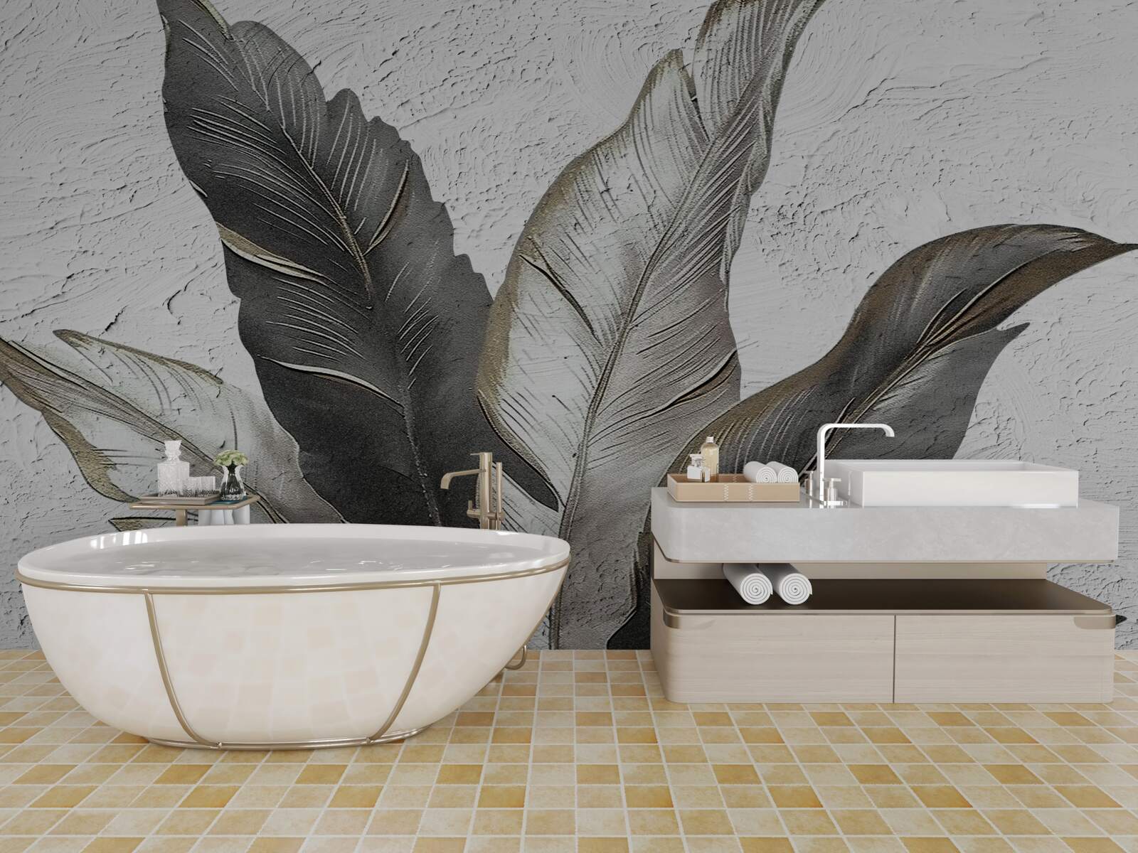 Fotobehang de grote bladeren zijn groen en wit