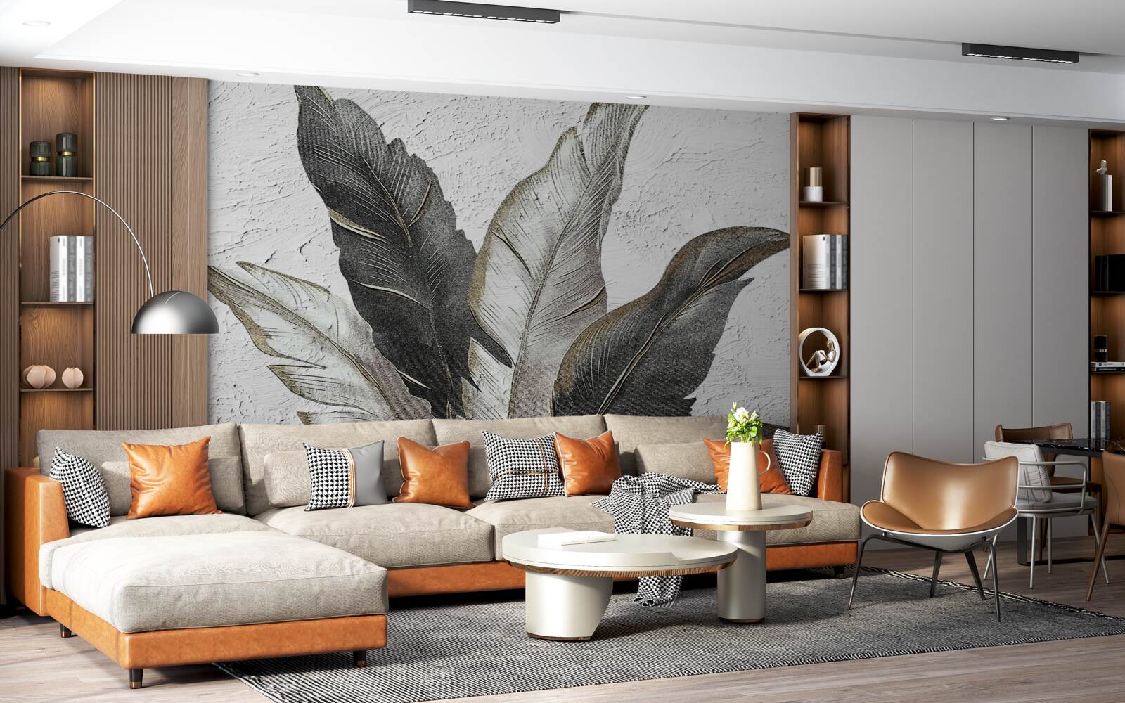 Fotobehang de grote bladeren zijn groen en wit