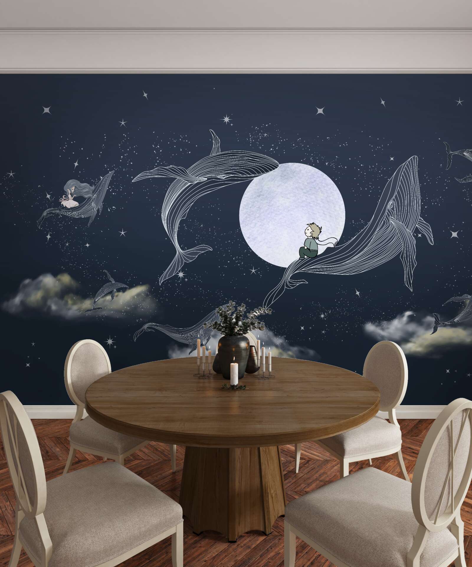 Fotobehang walvissen 's nachts onder de maan