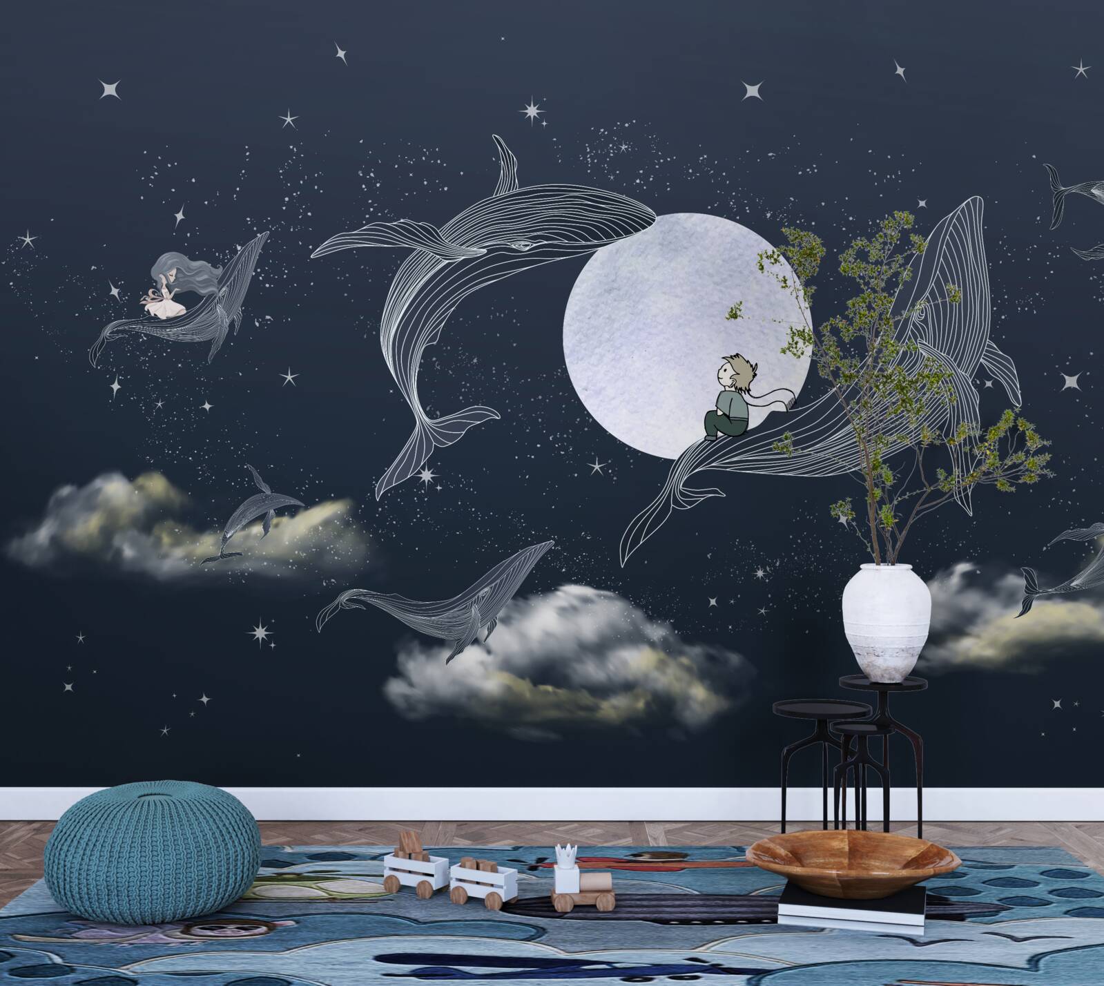 Fotobehang walvissen 's nachts onder de maan