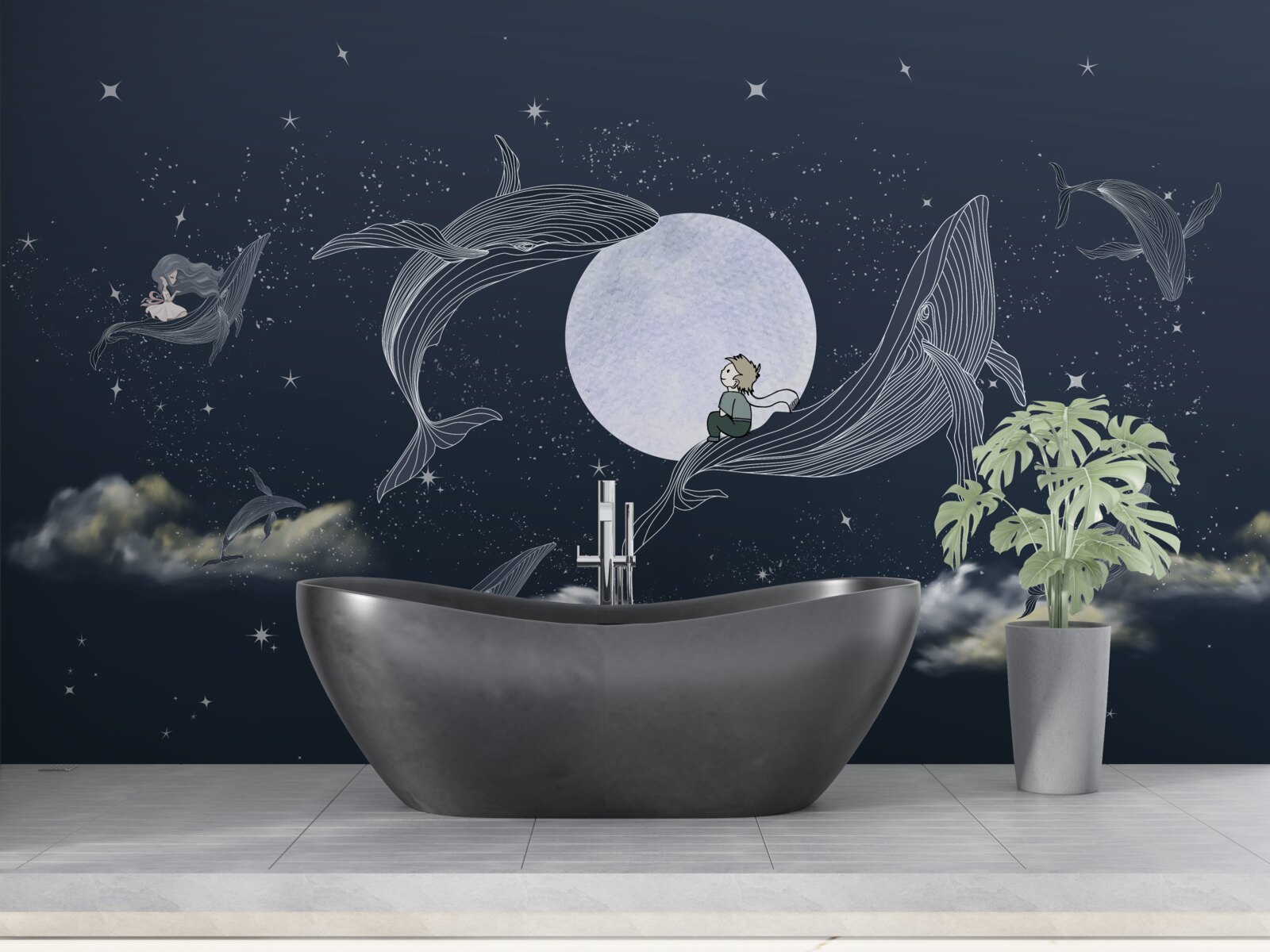 Fotobehang walvissen 's nachts onder de maan