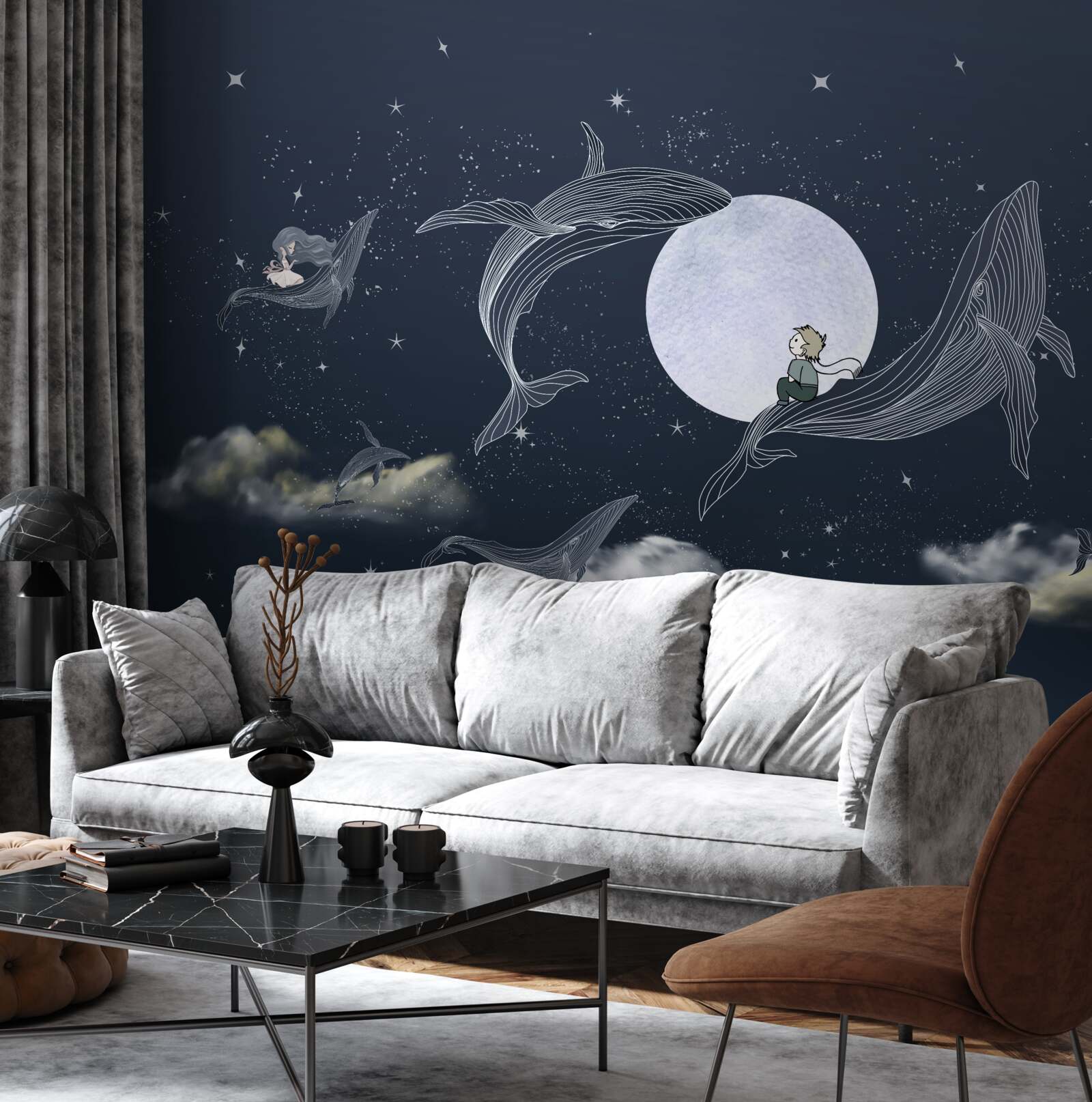 Fotobehang walvissen 's nachts onder de maan