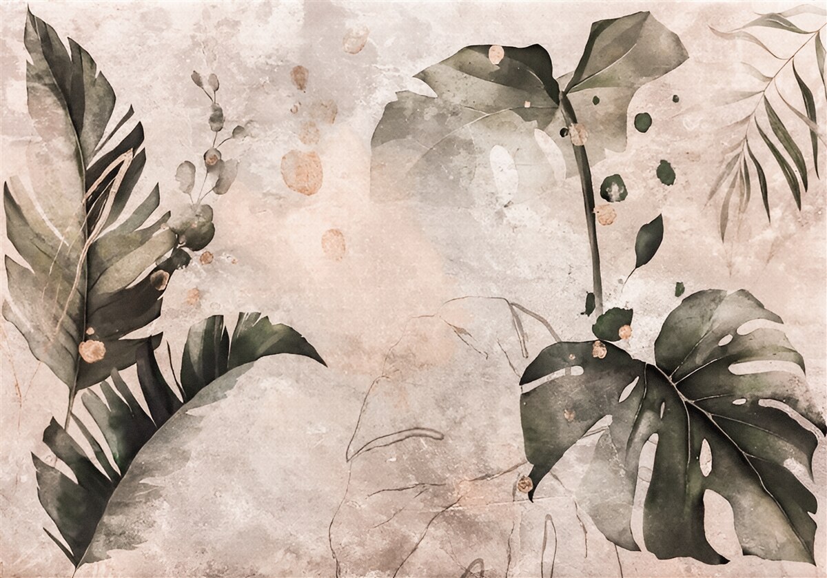 Fotobehang aquarellen met grote tropische bladeren
