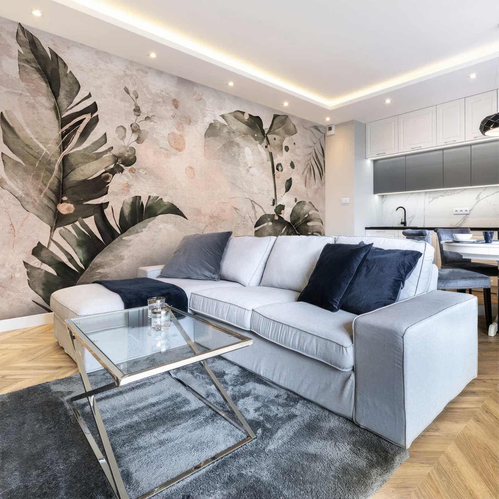 Fotobehang aquarellen met grote tropische bladeren