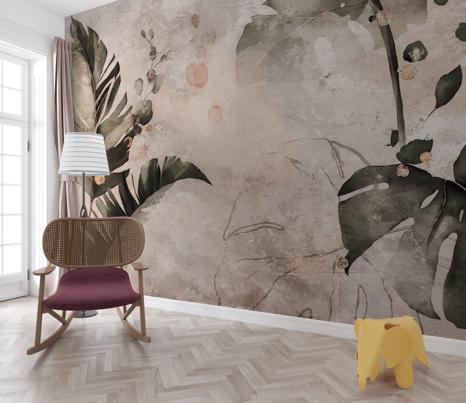 Fotobehang aquarellen met grote tropische bladeren