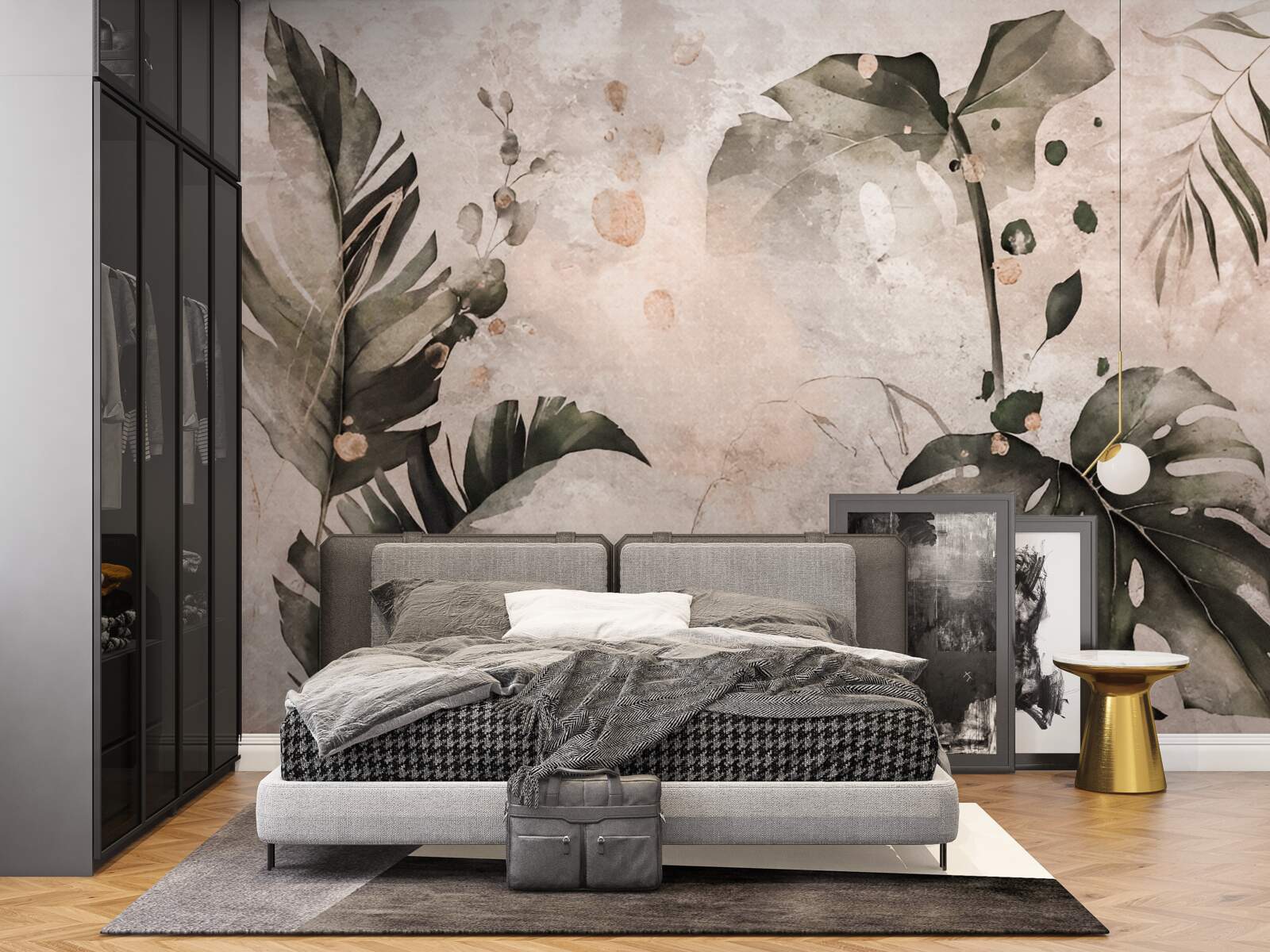 Fotobehang aquarellen met grote tropische bladeren