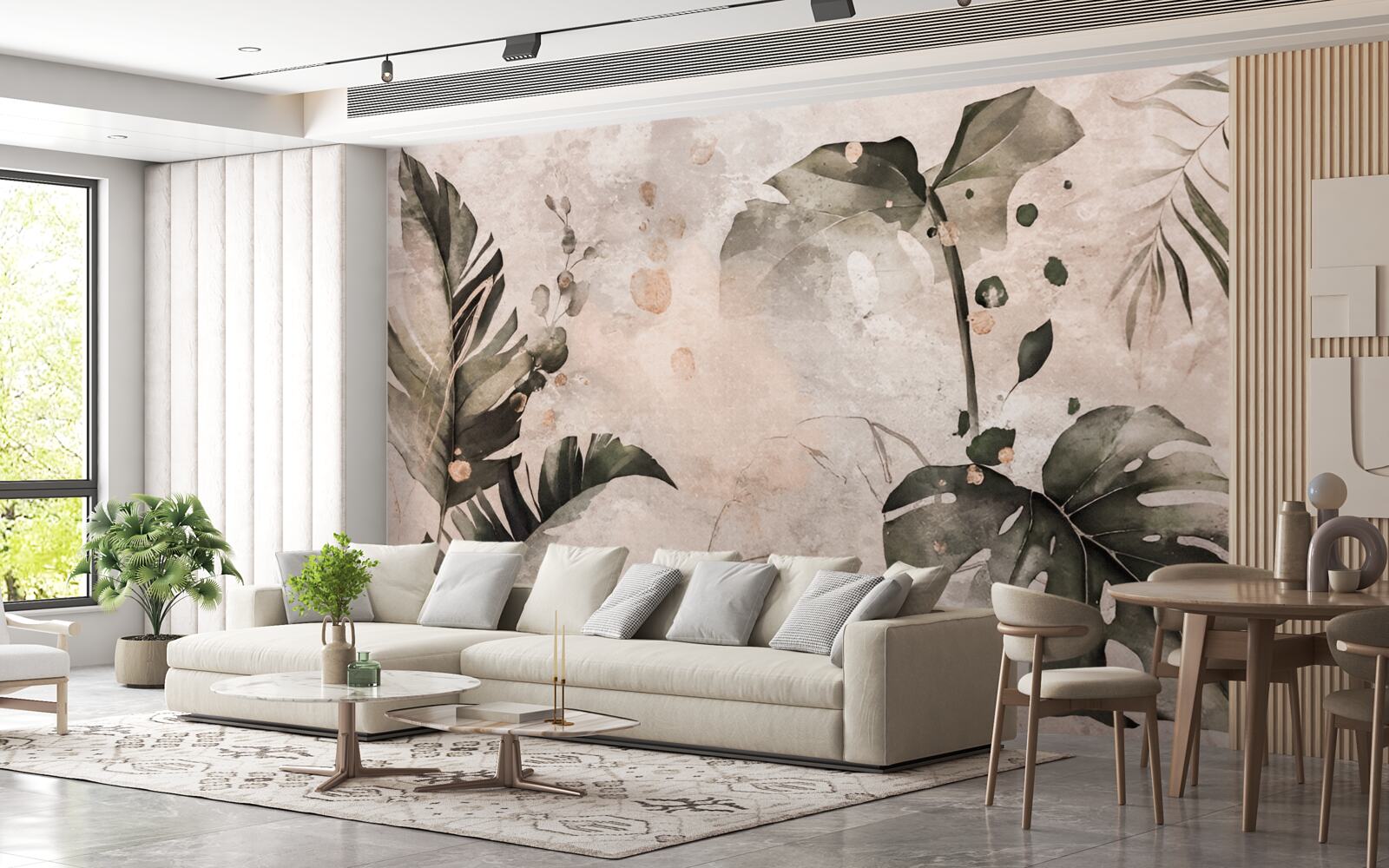 Fotobehang aquarellen met grote tropische bladeren