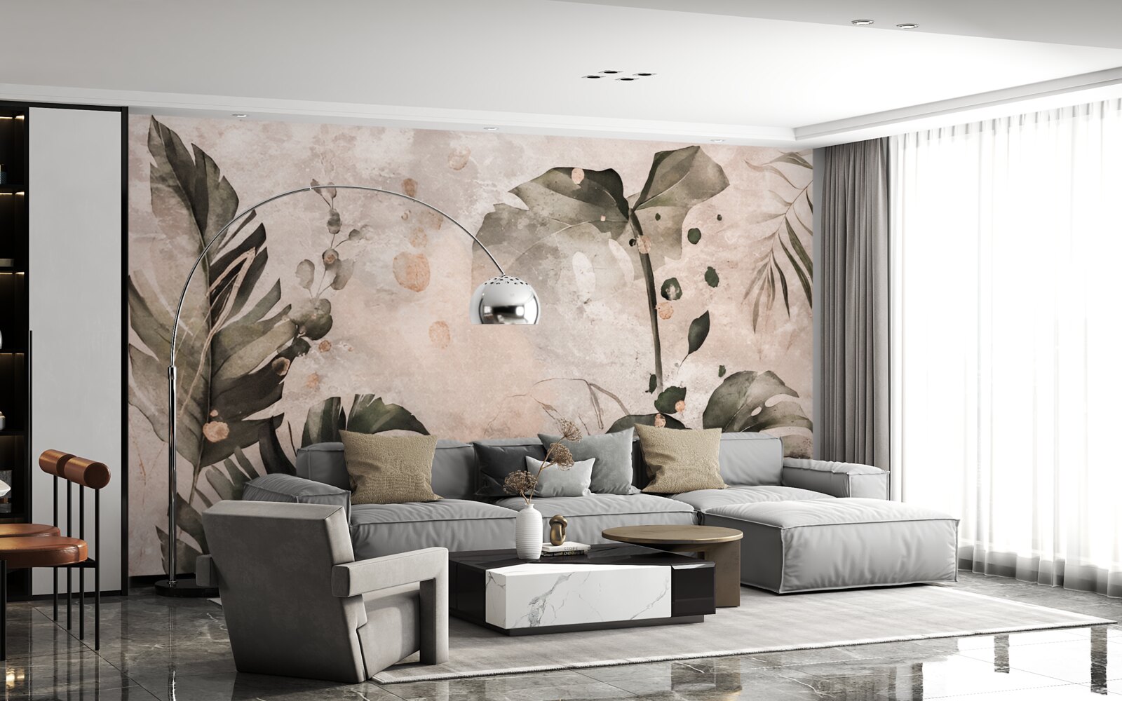 Fotobehang aquarellen met grote tropische bladeren