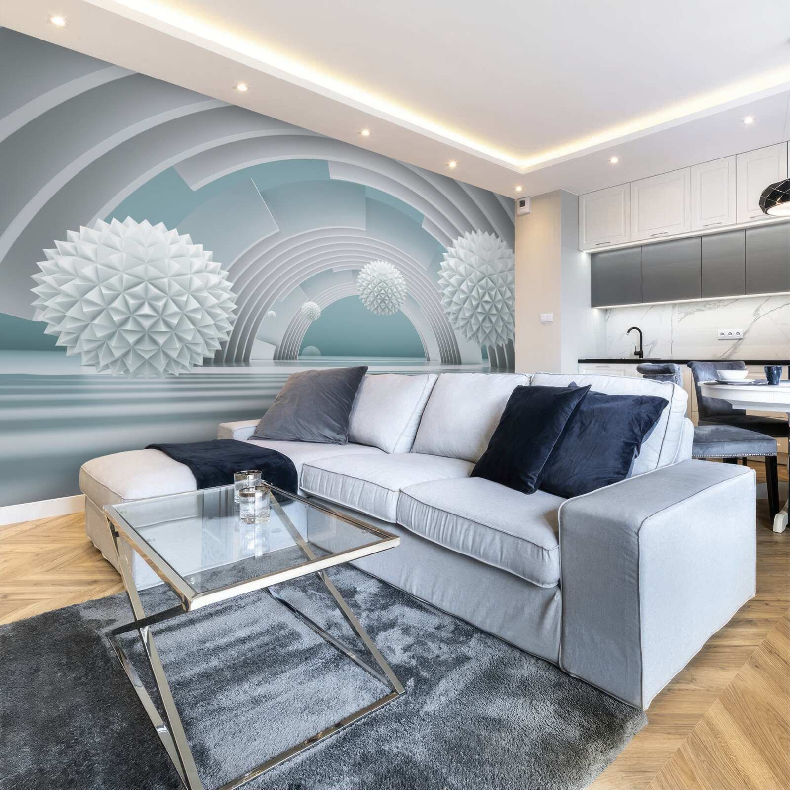 Fotobehang drijvende scherpe ballen en een ronde tunnel