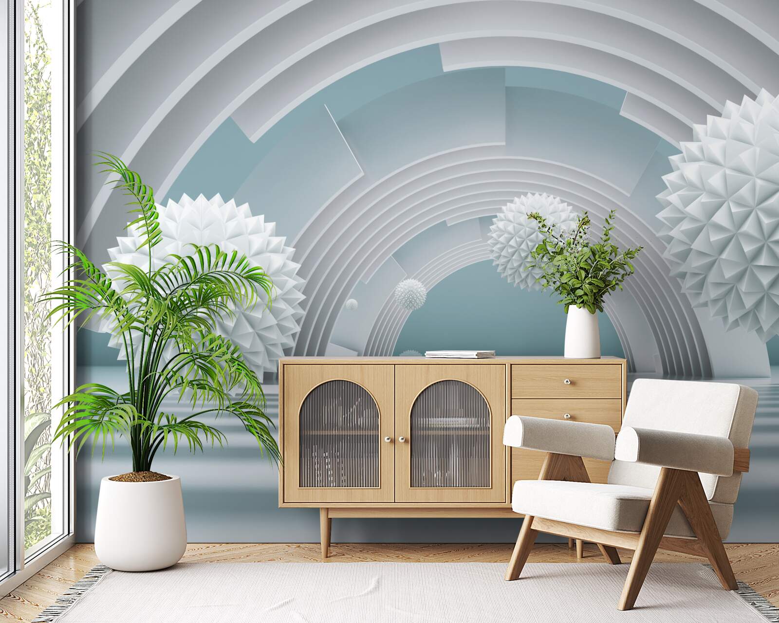 Fotobehang drijvende scherpe ballen en een ronde tunnel