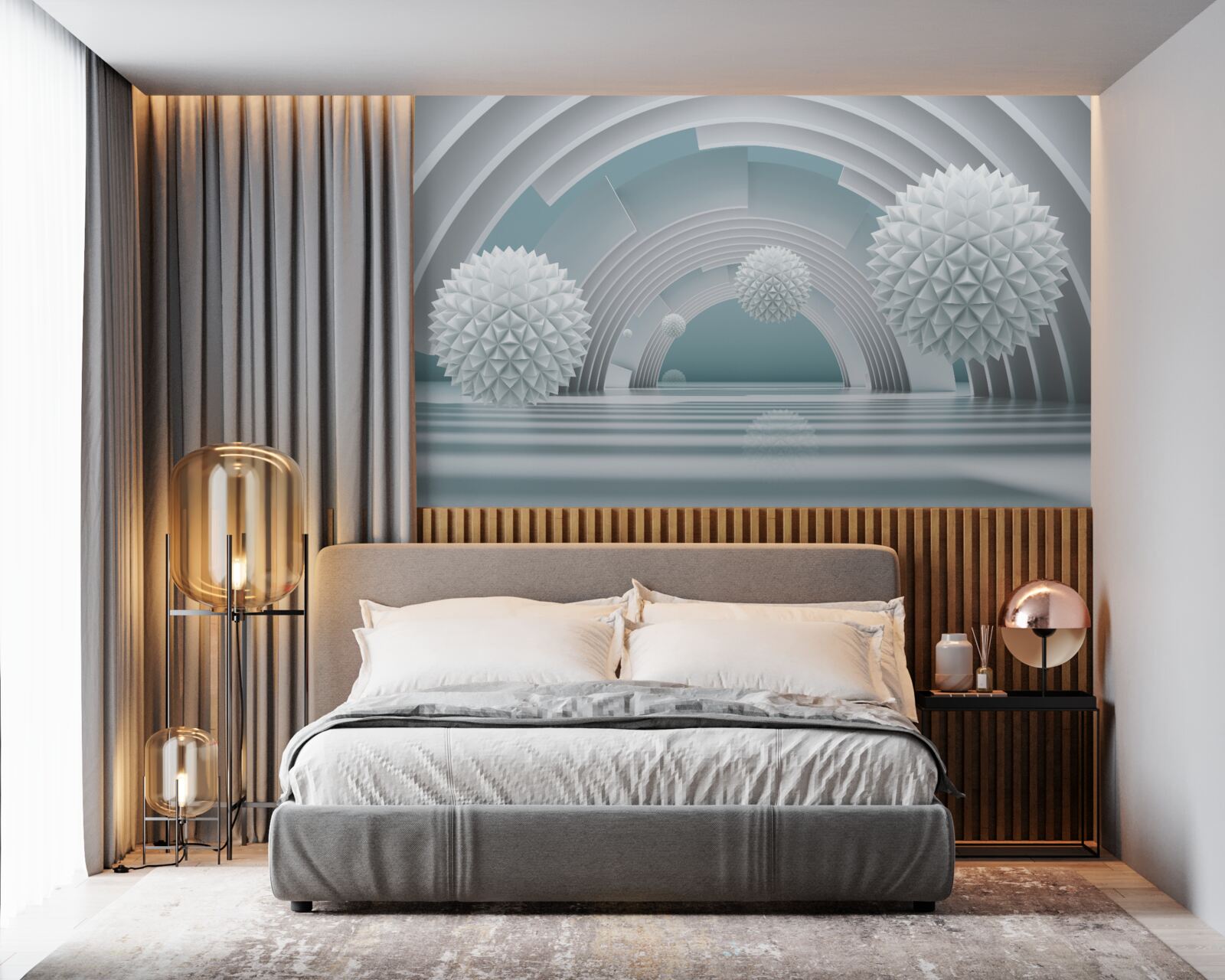 Fotobehang drijvende scherpe ballen en een ronde tunnel