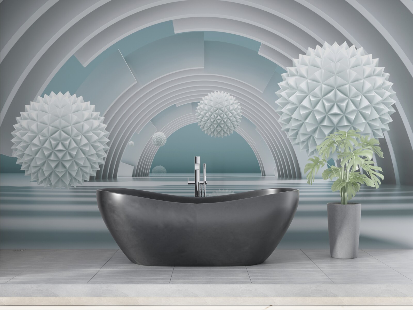 Fotobehang drijvende scherpe ballen en een ronde tunnel