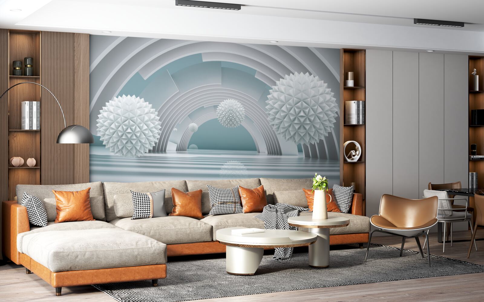 Fotobehang drijvende scherpe ballen en een ronde tunnel