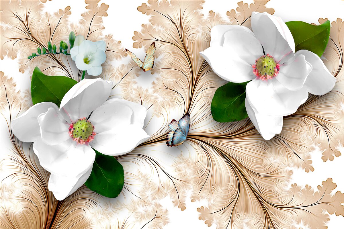 Fotobehang heldere sneeuwwitte bloemen op een bruine achtergrond