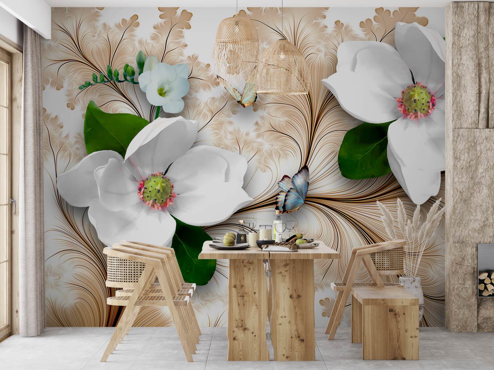 Fotobehang heldere sneeuwwitte bloemen op een bruine achtergrond