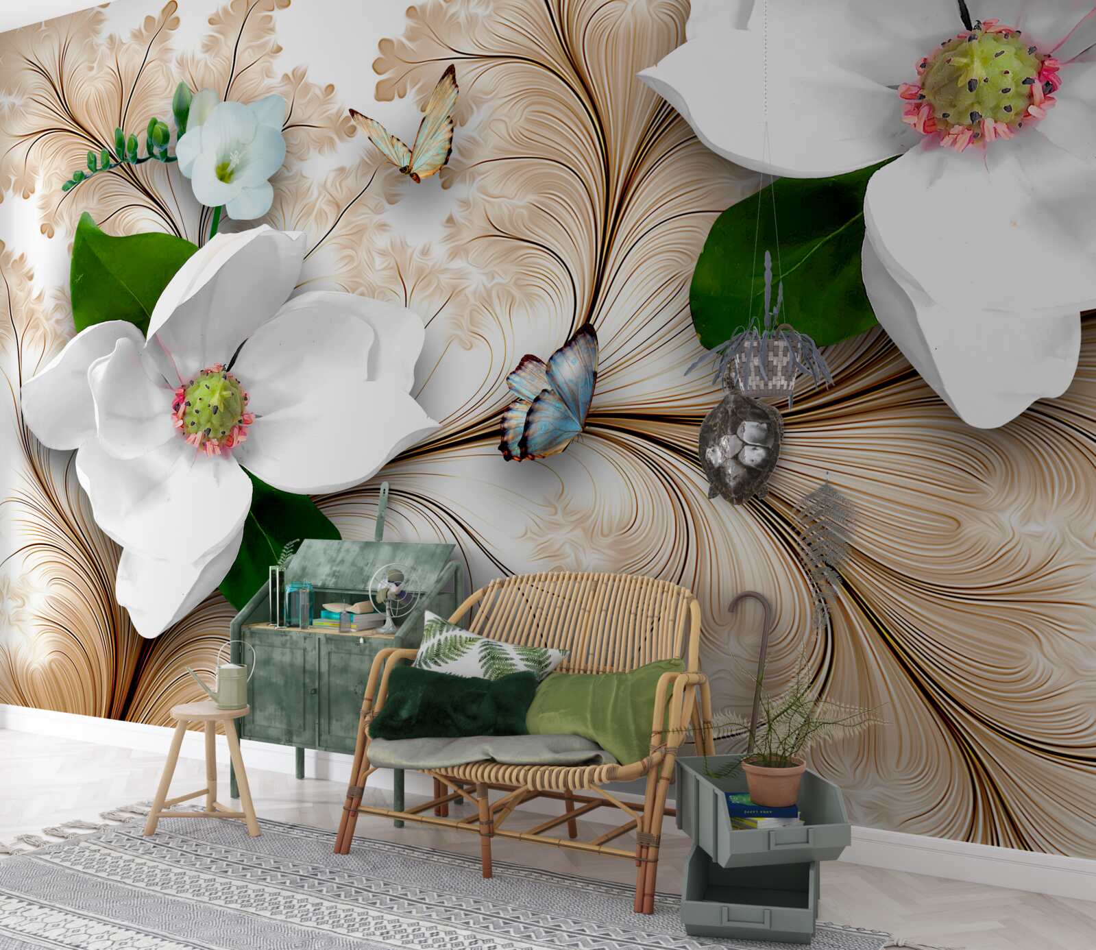 Fotobehang heldere sneeuwwitte bloemen op een bruine achtergrond