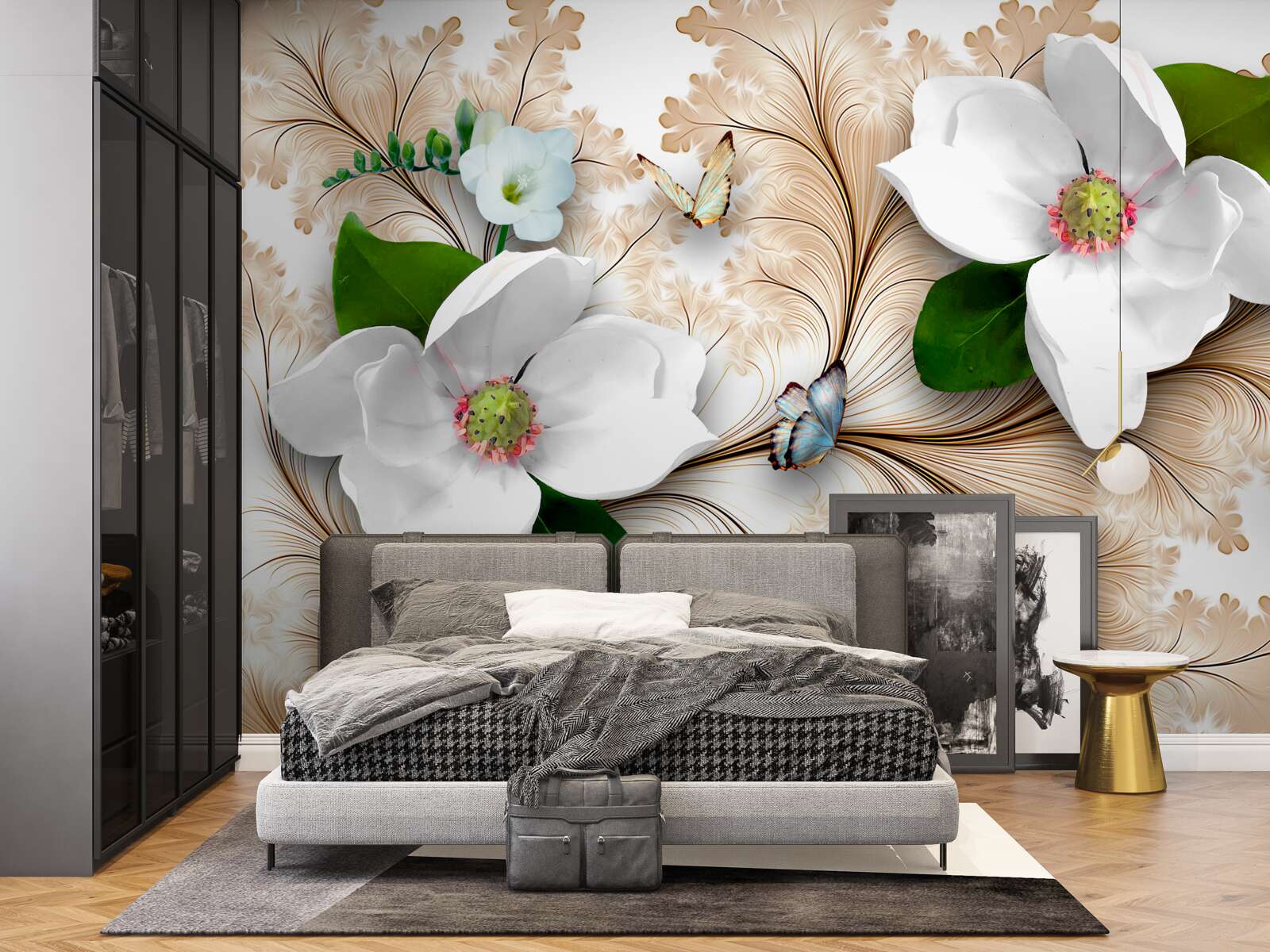 Fotobehang heldere sneeuwwitte bloemen op een bruine achtergrond