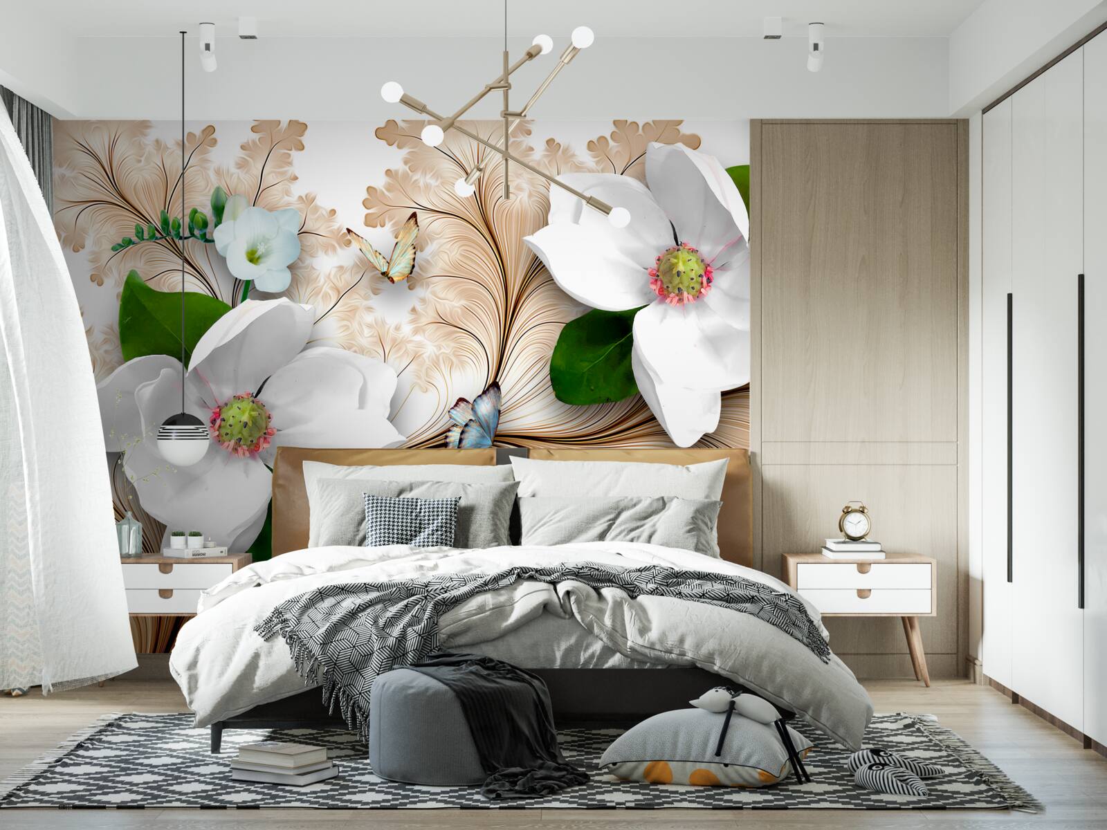 Fotobehang heldere sneeuwwitte bloemen op een bruine achtergrond