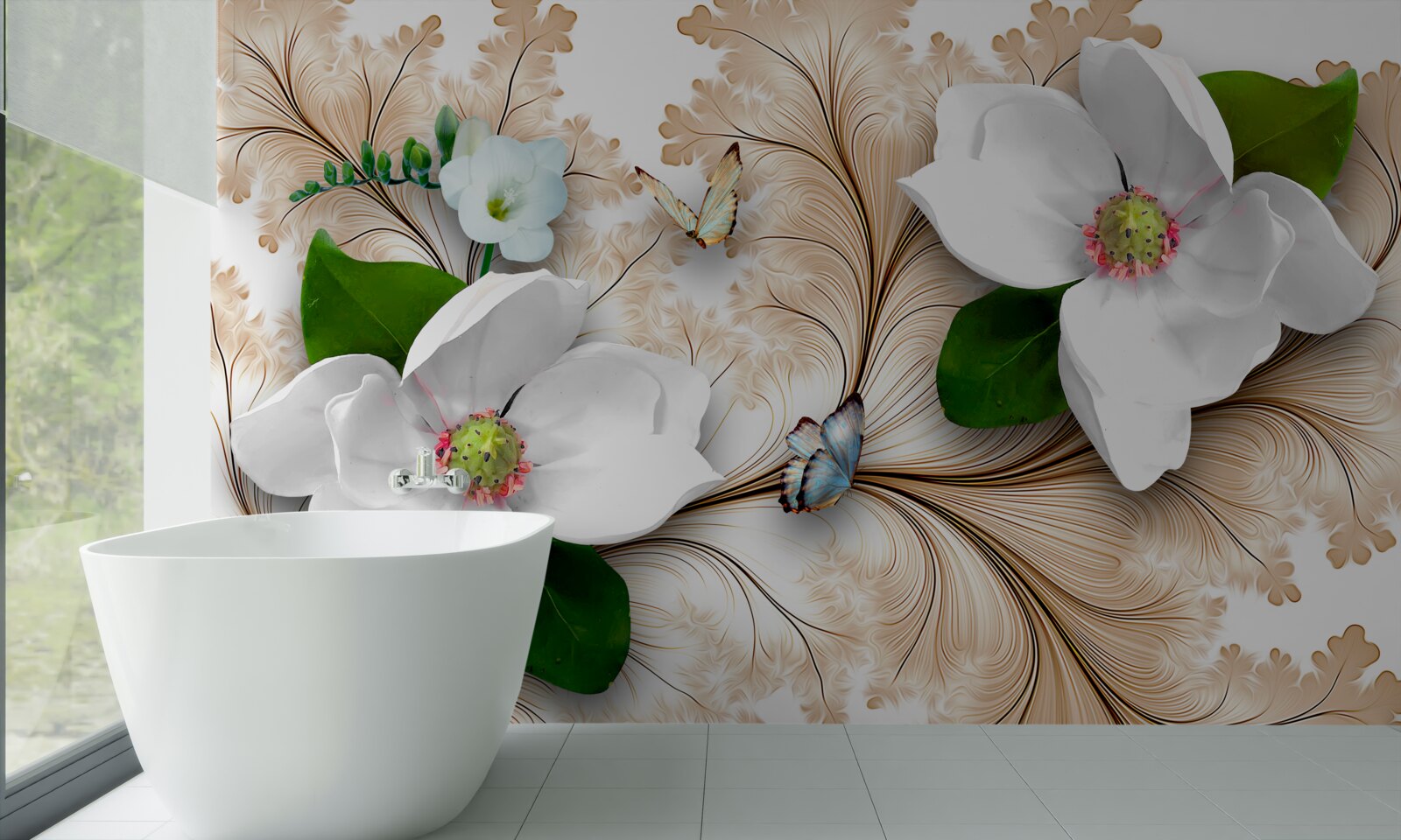 Fotobehang heldere sneeuwwitte bloemen op een bruine achtergrond