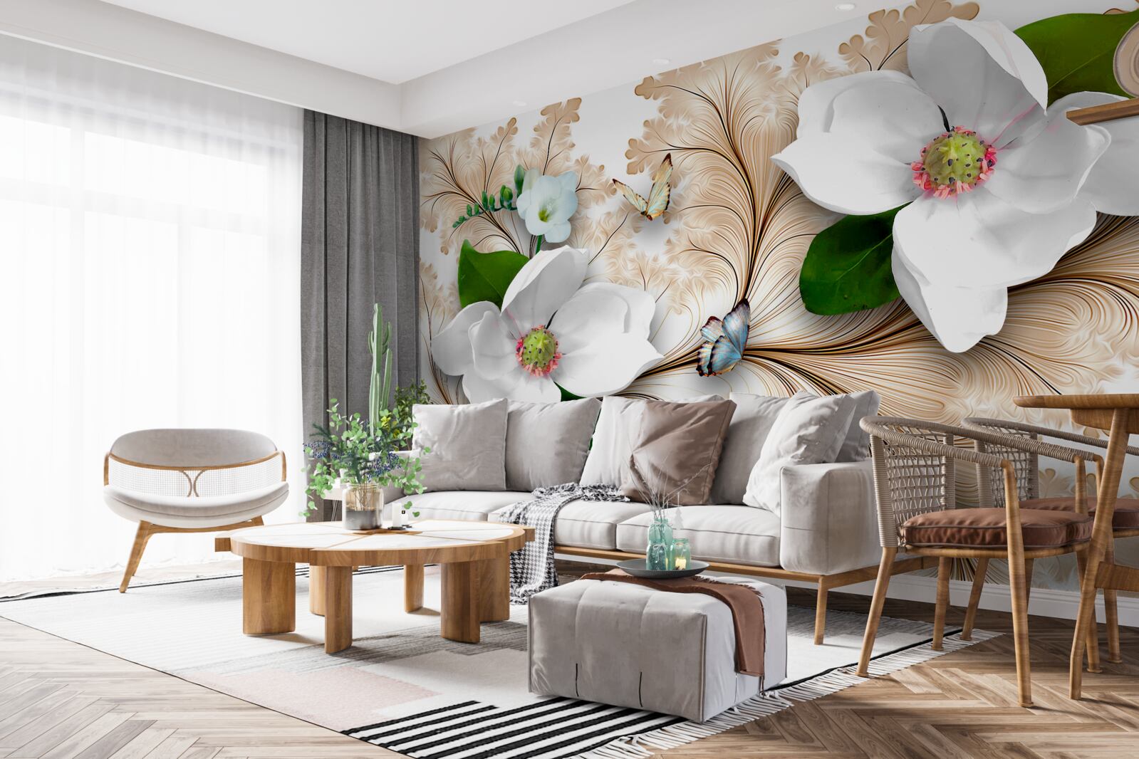 Fotobehang heldere sneeuwwitte bloemen op een bruine achtergrond