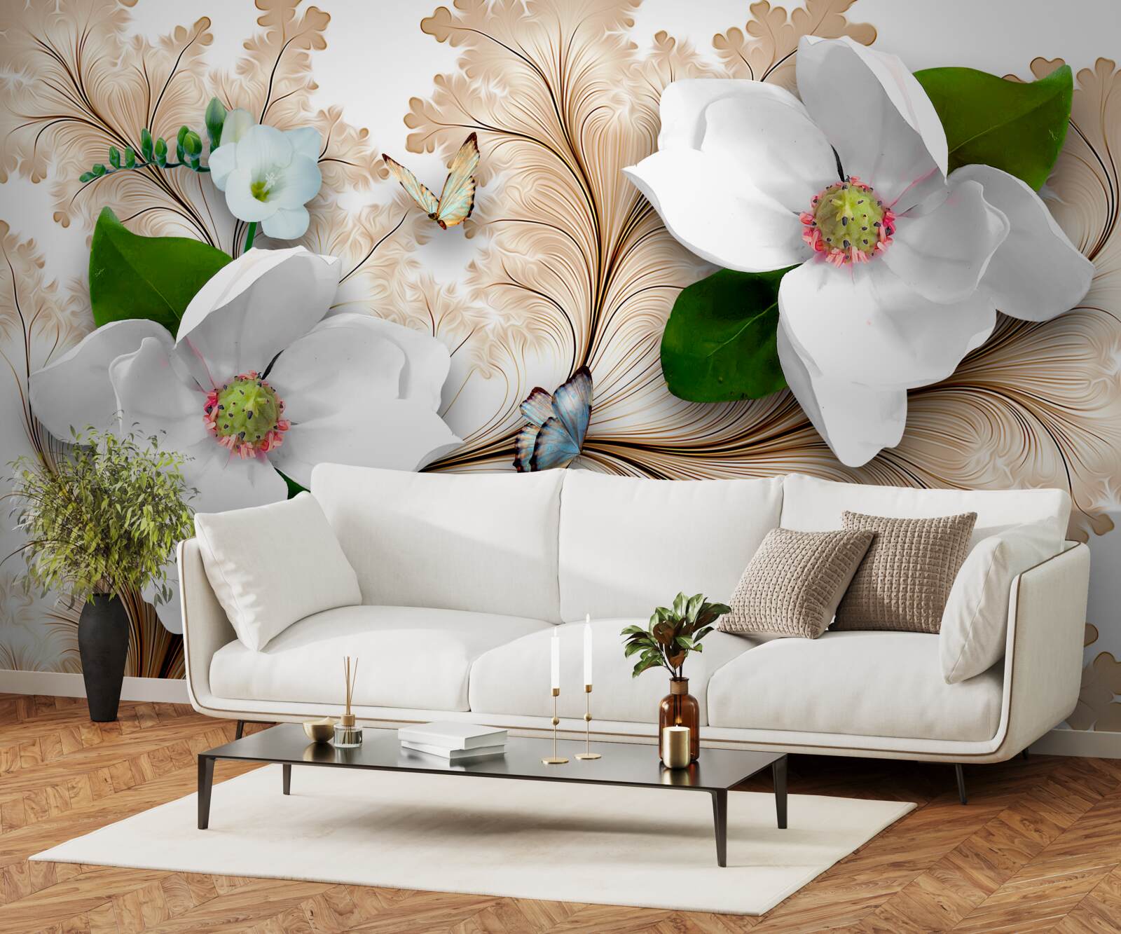 Fotobehang heldere sneeuwwitte bloemen op een bruine achtergrond