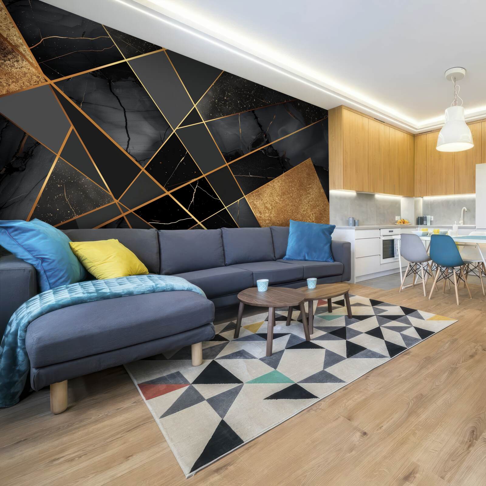 Fotobehang zwart marmer met goud dooraderd