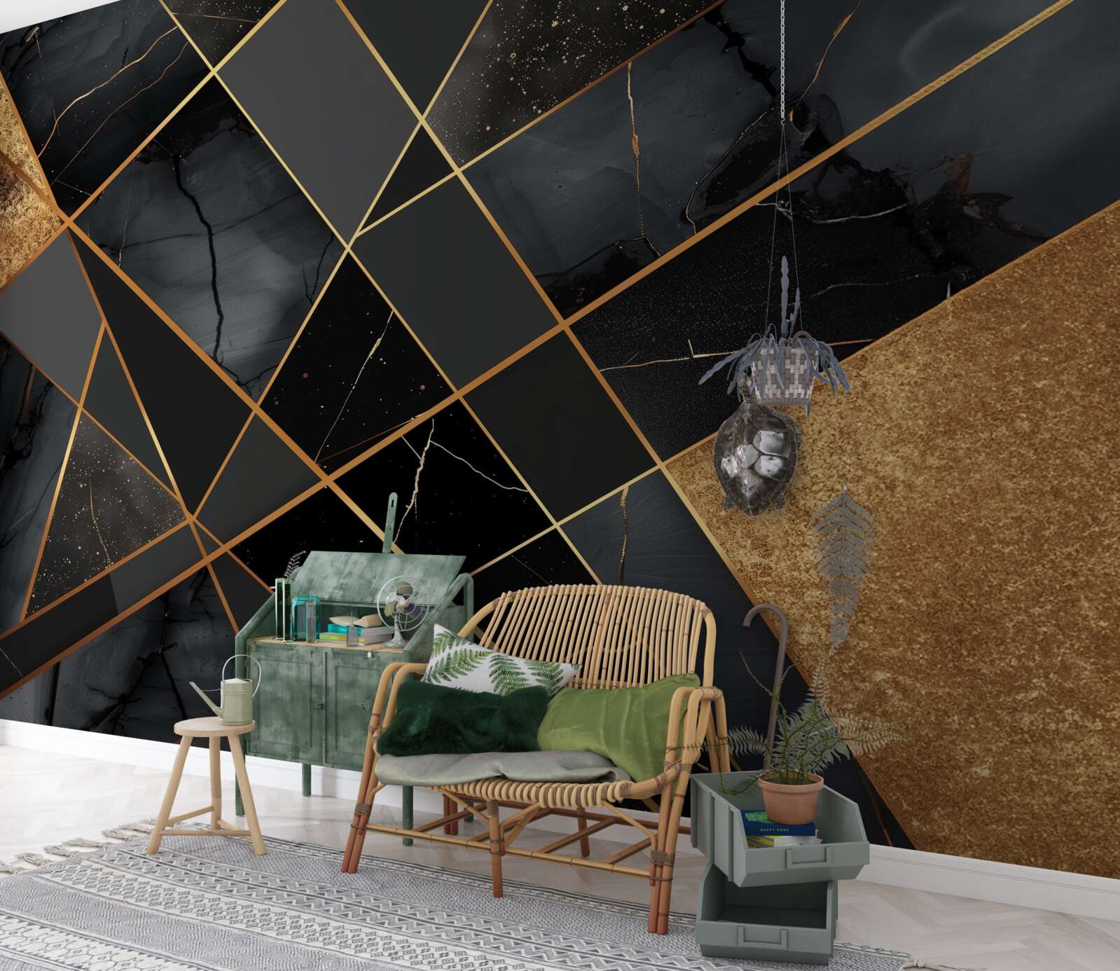 Fotobehang zwart marmer met goud dooraderd