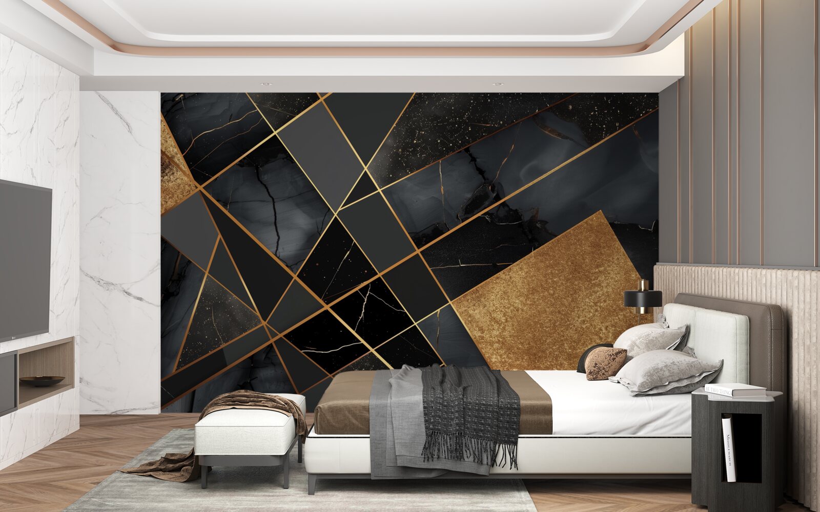 Fotobehang zwart marmer met goud dooraderd