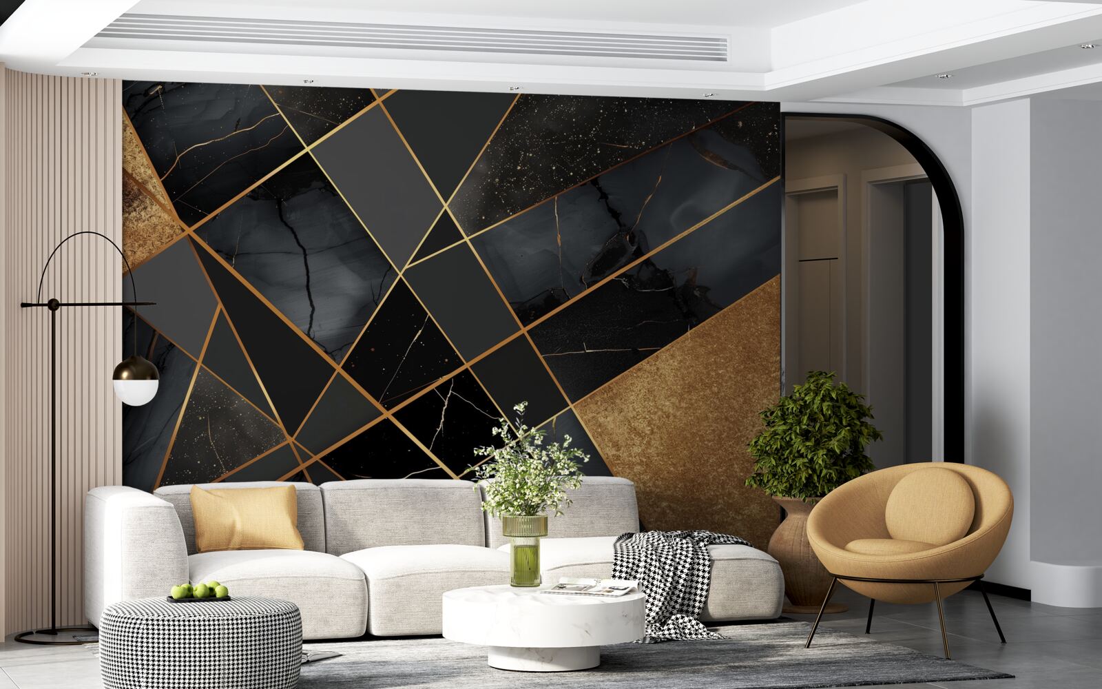 Fotobehang zwart marmer met goud dooraderd