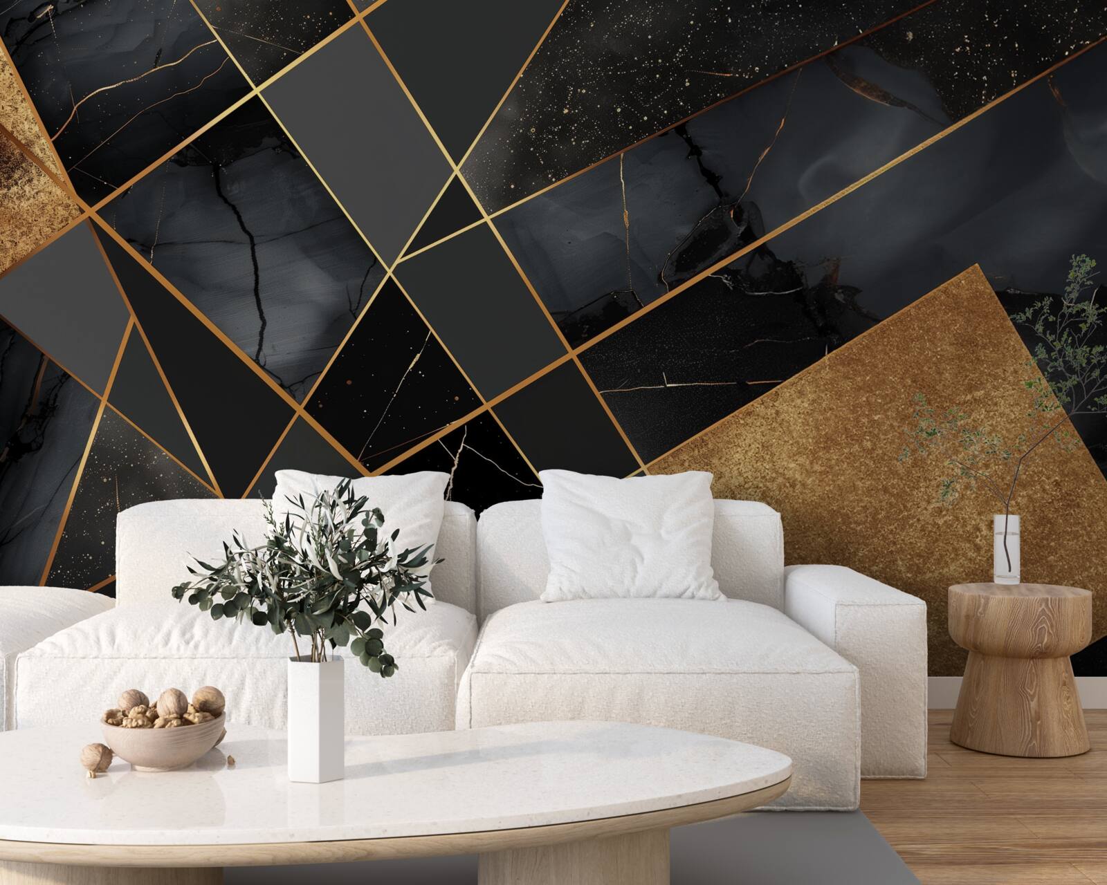 Fotobehang zwart marmer met goud dooraderd