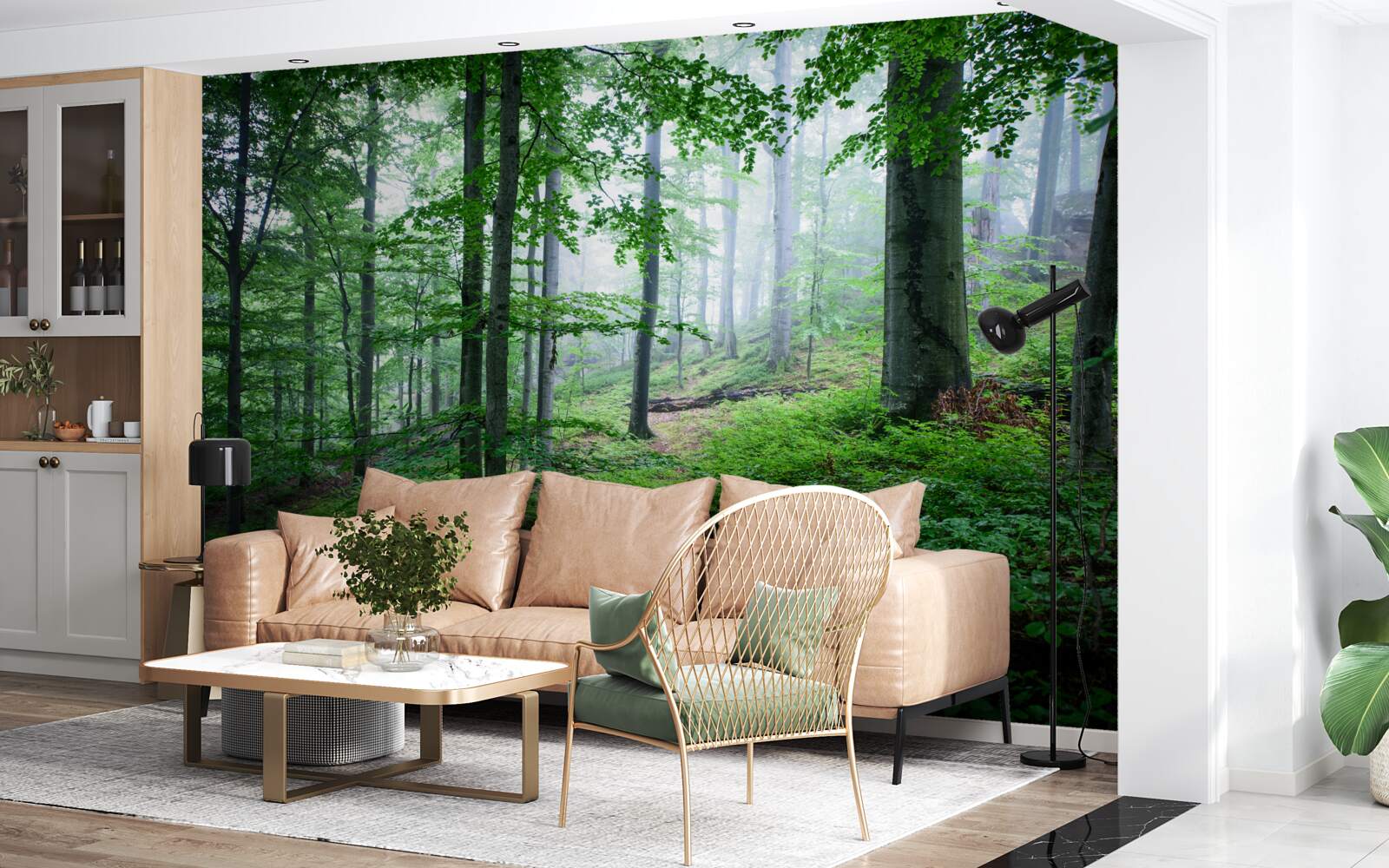 Fotobehang mist daalt neer op het bosschage