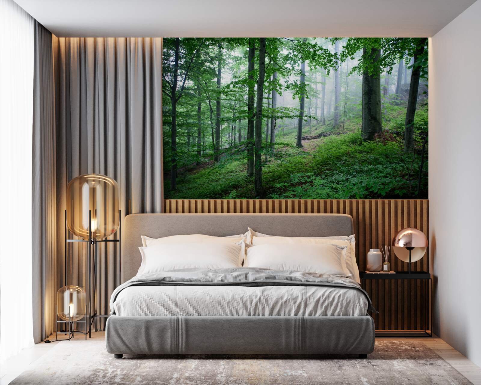 Fotobehang mist daalt neer op het bosschage