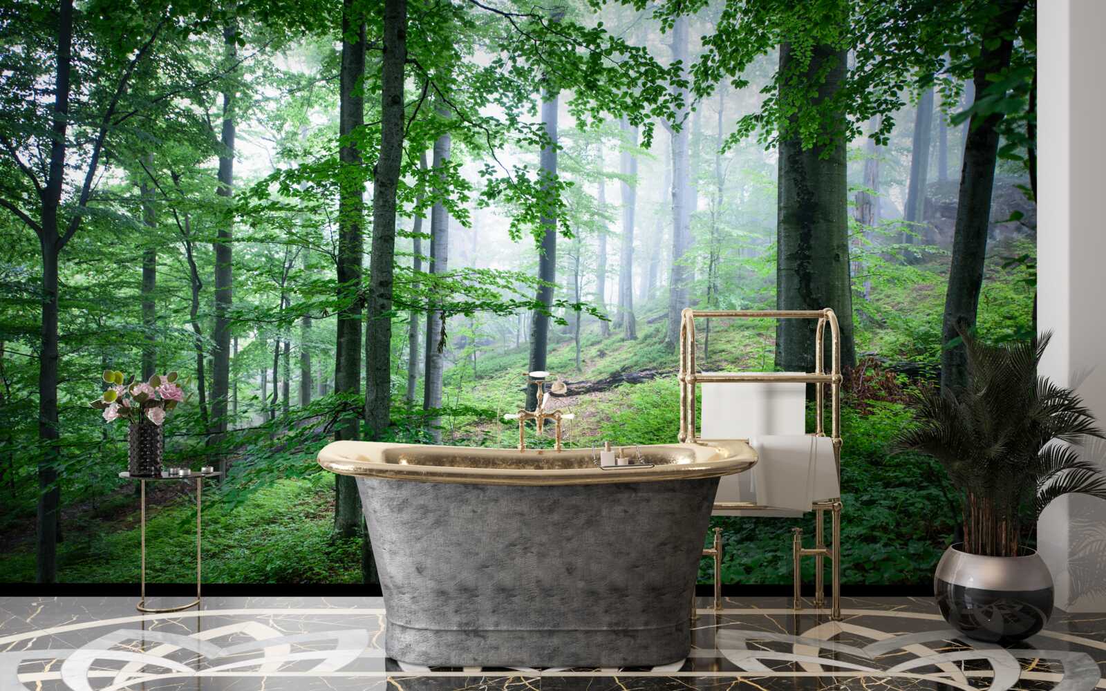 Fotobehang mist daalt neer op het bosschage