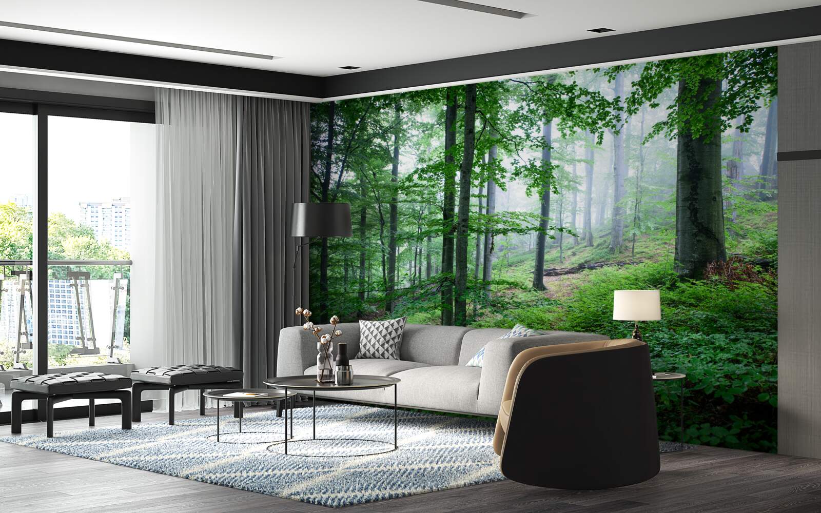 Fotobehang mist daalt neer op het bosschage