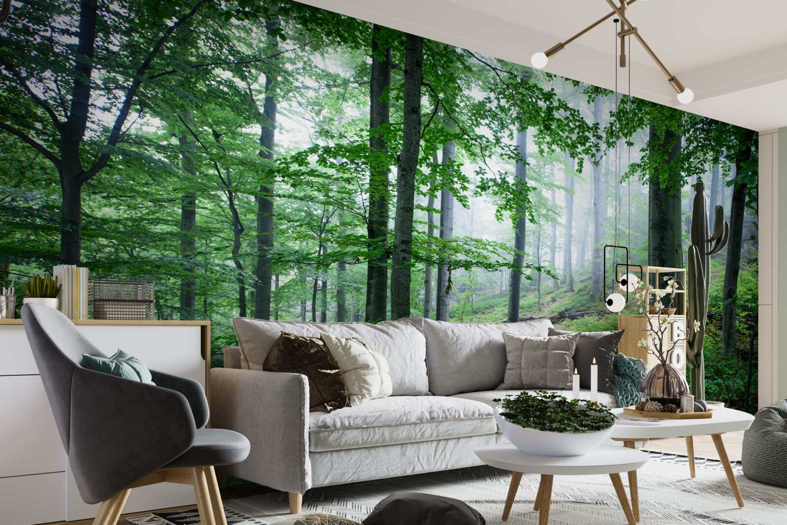 Fotobehang mist daalt neer op het bosschage