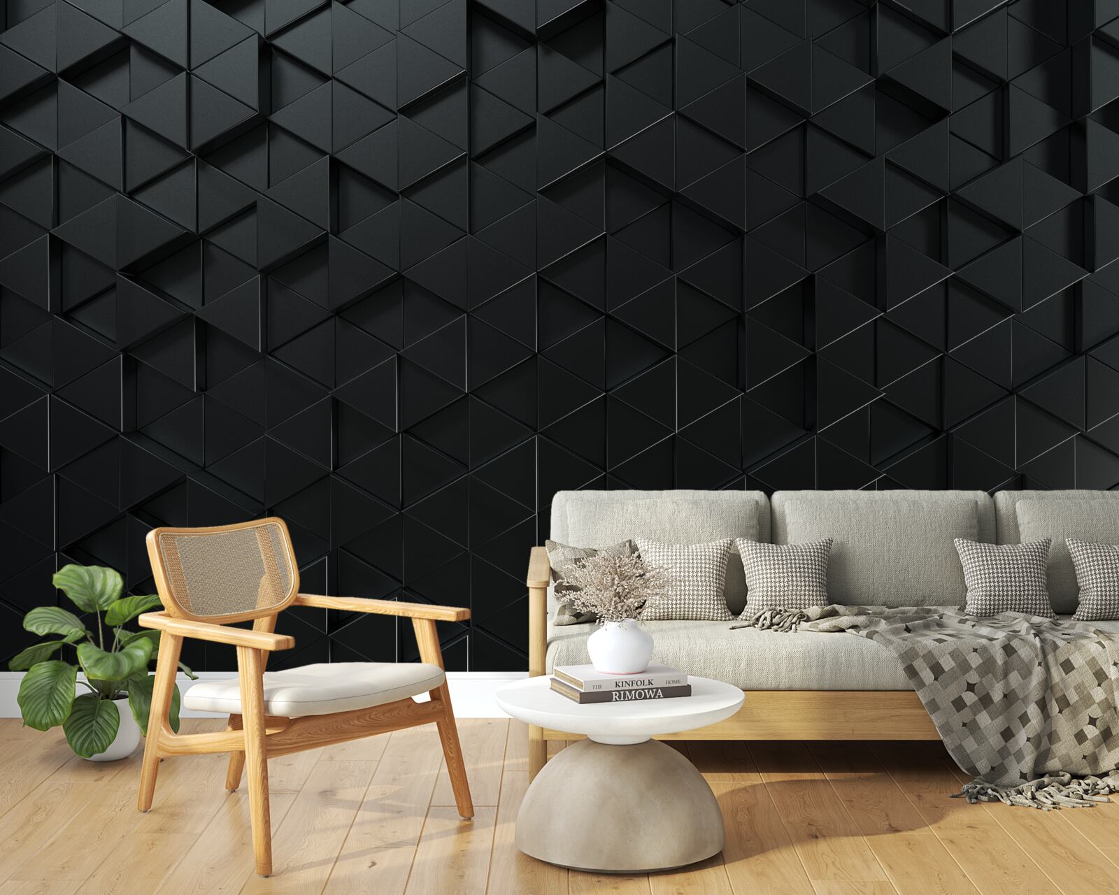 Fotobehang volumetrische driehoeken in zwart