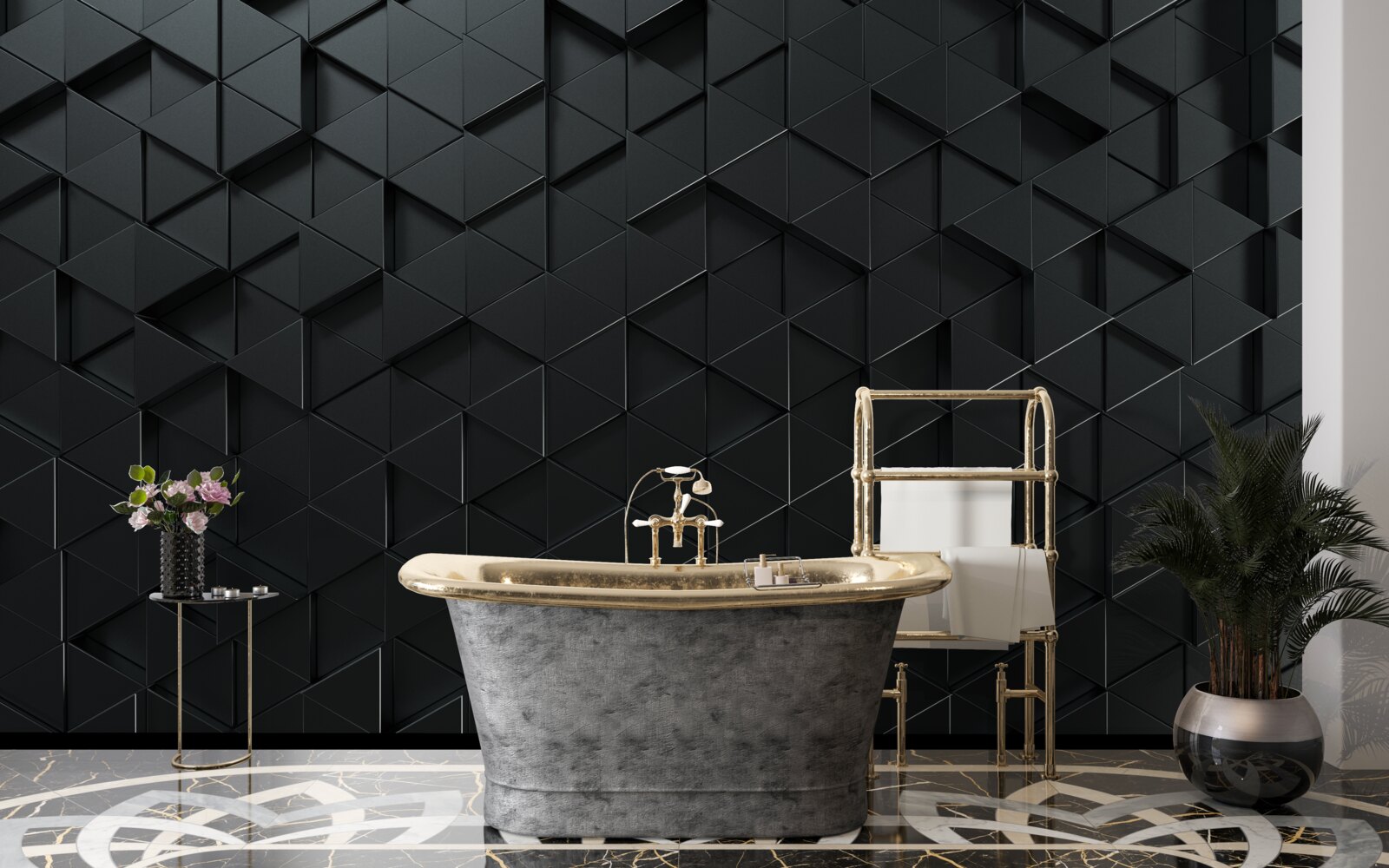 Fotobehang volumetrische driehoeken in zwart