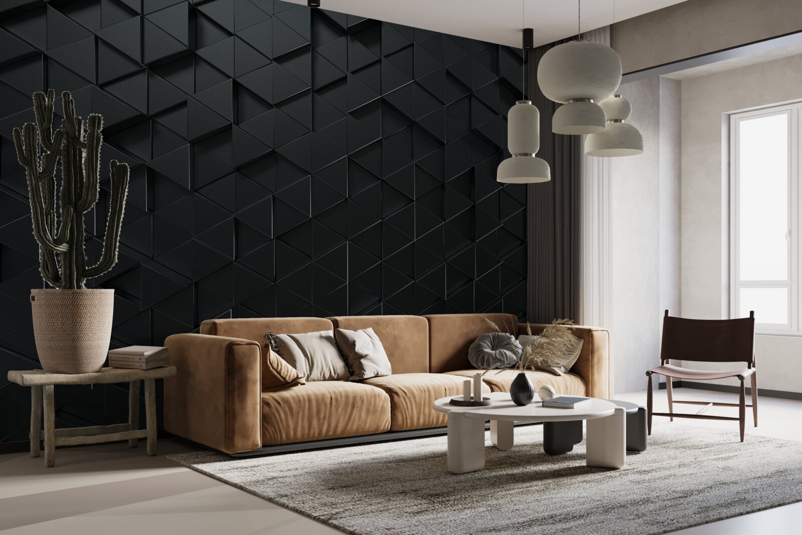 Fotobehang volumetrische driehoeken in zwart