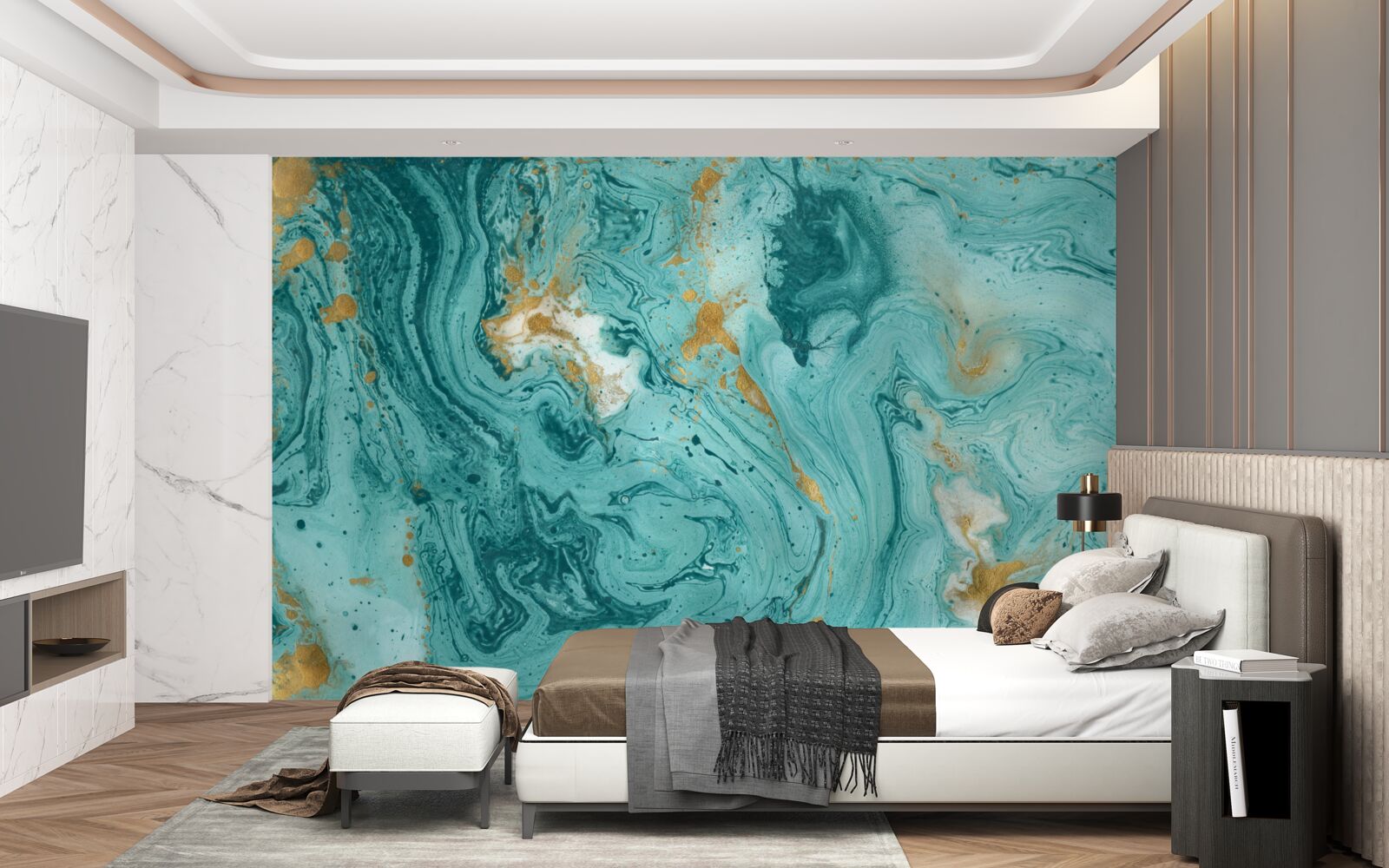 Fotobehang lichtblauwe patronen op marmer