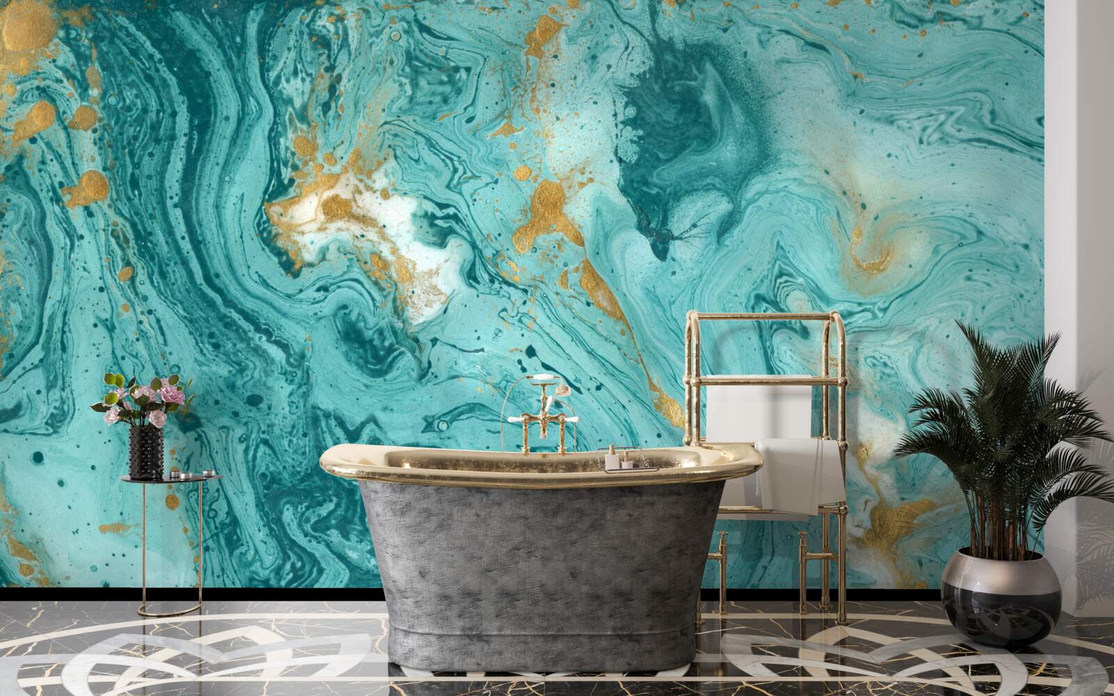 Fotobehang lichtblauwe patronen op marmer