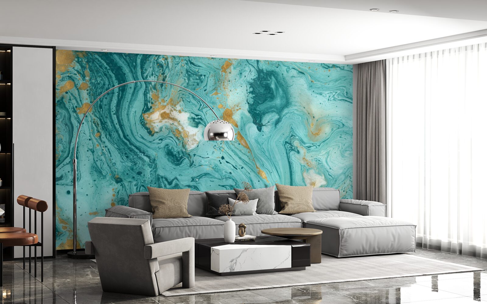 Fotobehang lichtblauwe patronen op marmer