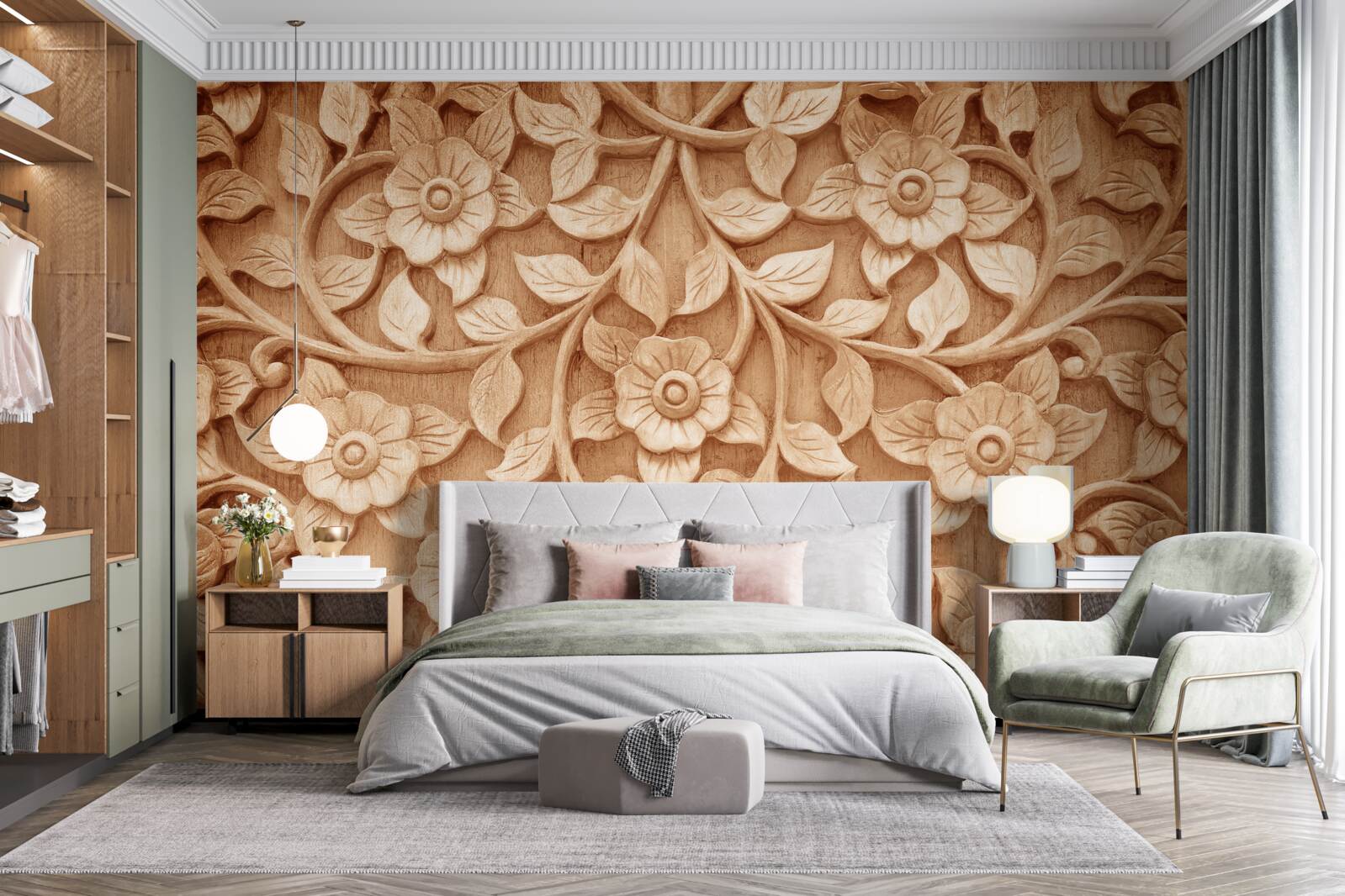 Fotobehang textuur van bloemen gemaakt van hout